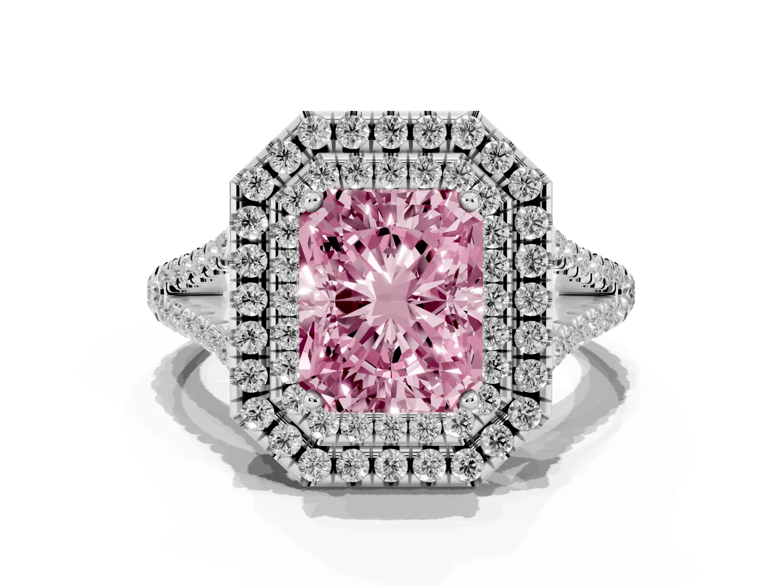 Fancy Pink Radiant Cut Diamond Double Halo Ring with Pavé Band and Prong Setting Platinum
