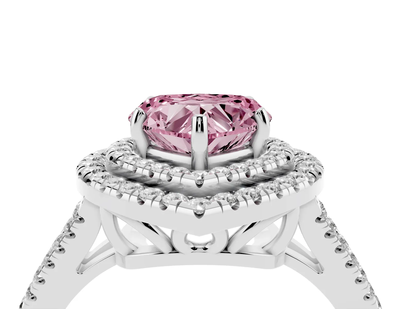 Fancy Pink Heart Cut Diamond Double Halo Ring with Pavé Band and Prong Setting Platinum