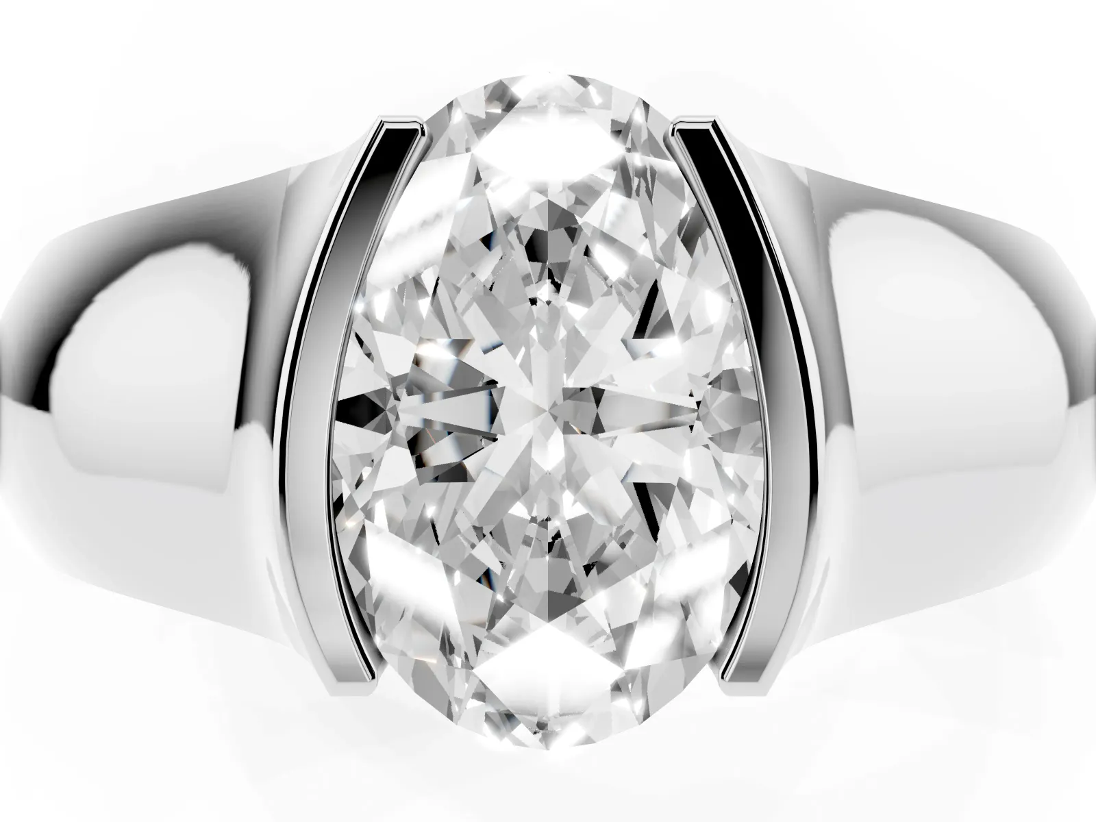 Oval Cut Solitaire Bezel Set Diamond Ring with Wide Band Platinum