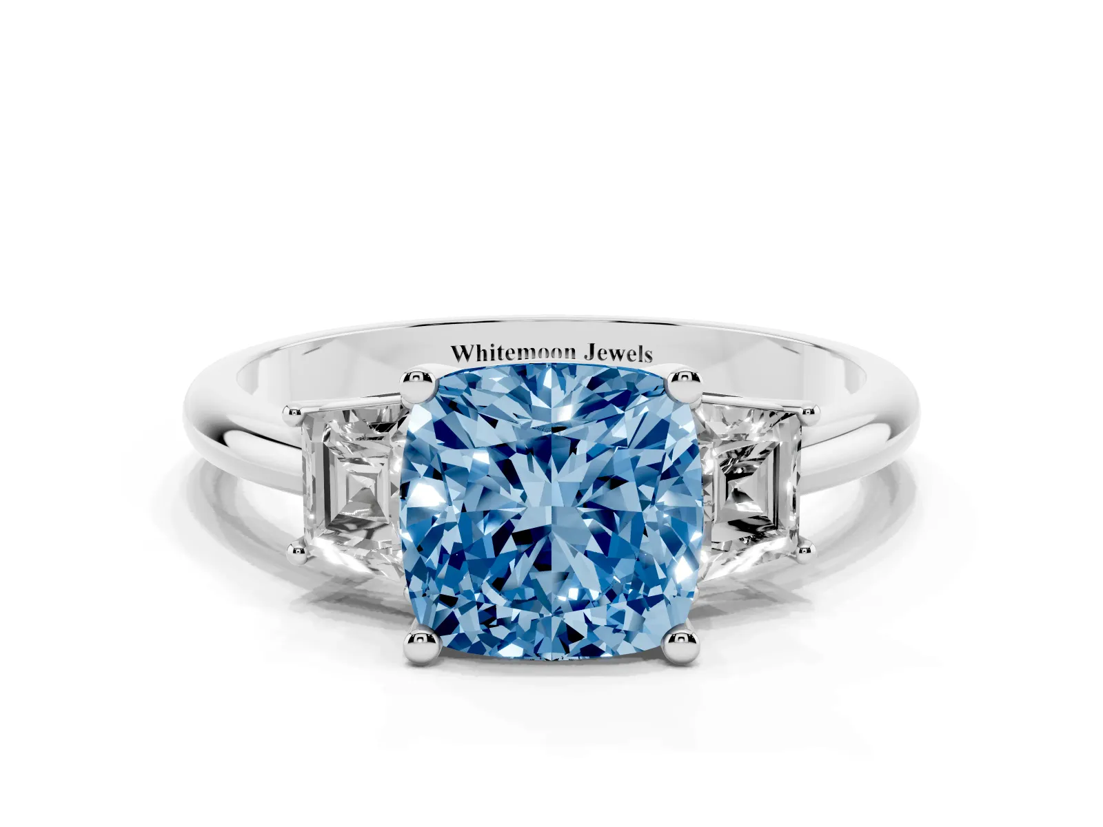 Fancy Blue Cushion Cut Diamond Three-Stone Ring with Trapezoid Side Stones and Prong Setting Platinum