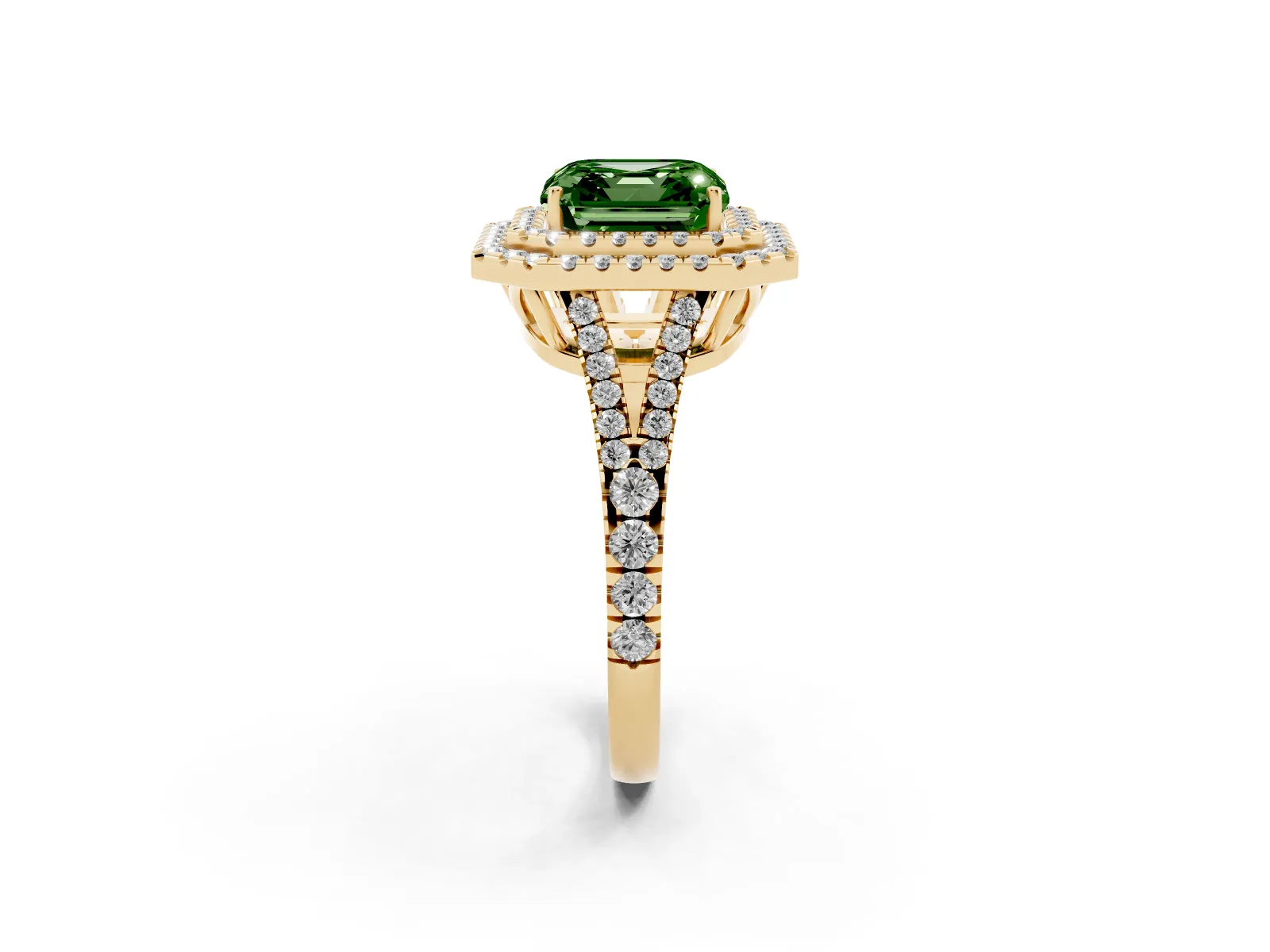 Fancy Green Asscher Cut Diamond Double Halo Ring with Pavé Band and Prong Setting Yellow gold