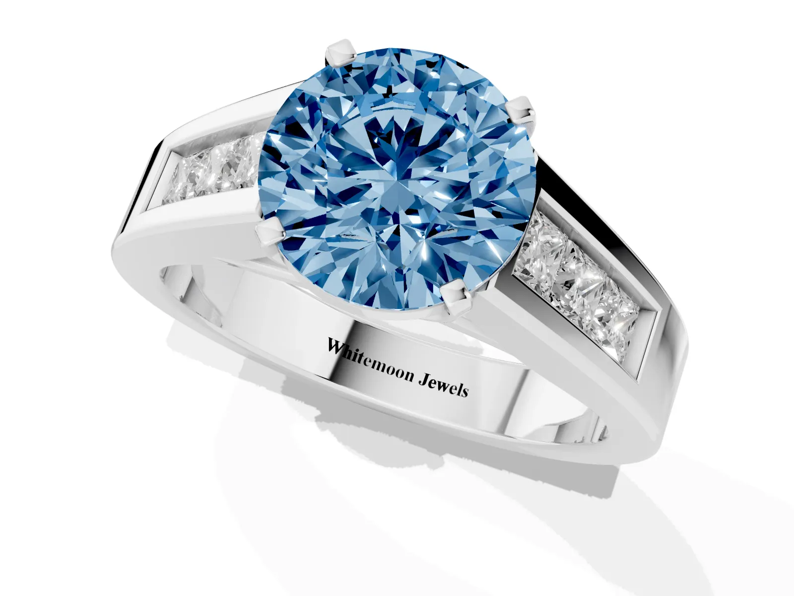 Fancy Blue Round Cut Cut Channel Set Solitaire Ring with Four-Prong Setting Platinum