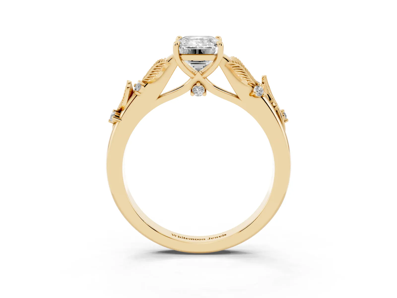 Emerald Cut Diamond Solitaire Ring with Leaf Motif Band and Four-Prong Setting Yellow gold