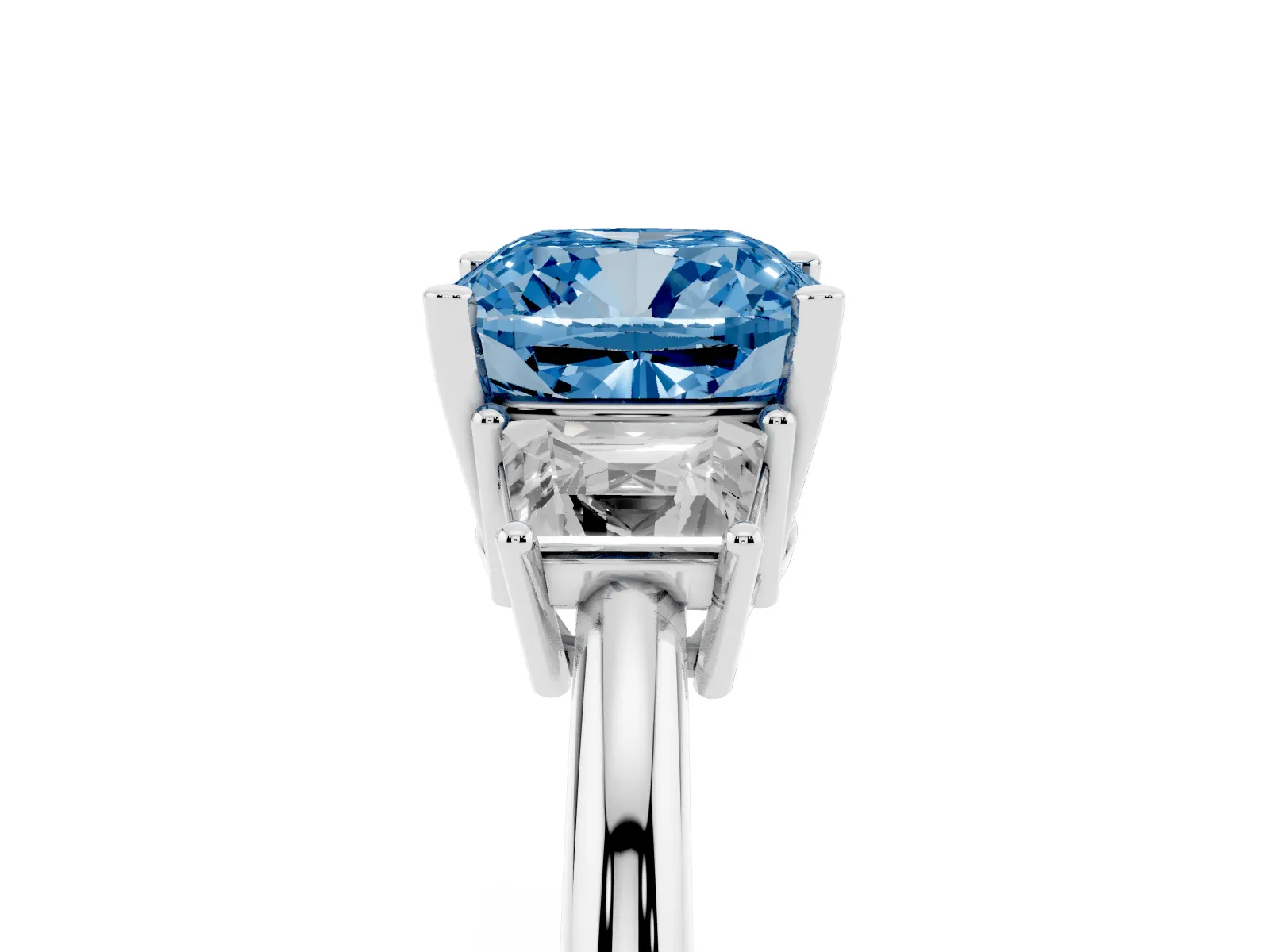 Fancy Blue Cushion Cut Diamond Three-Stone Ring with Trapezoid Side Stones and Prong Setting Platinum