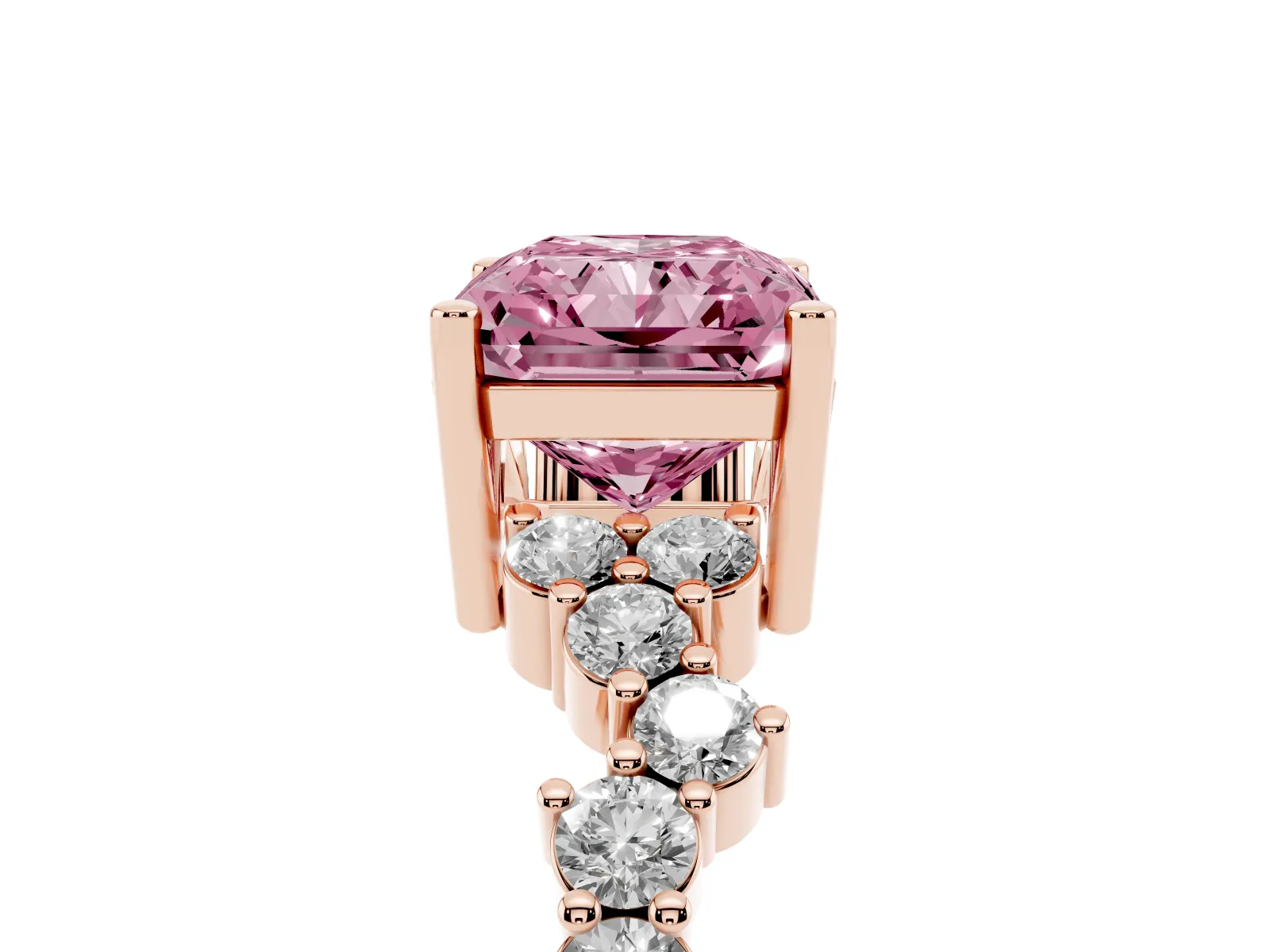 Fancy Pink Radiant Cut Diamond Scattered Round Accent Ring with Prong Setting Rose gold