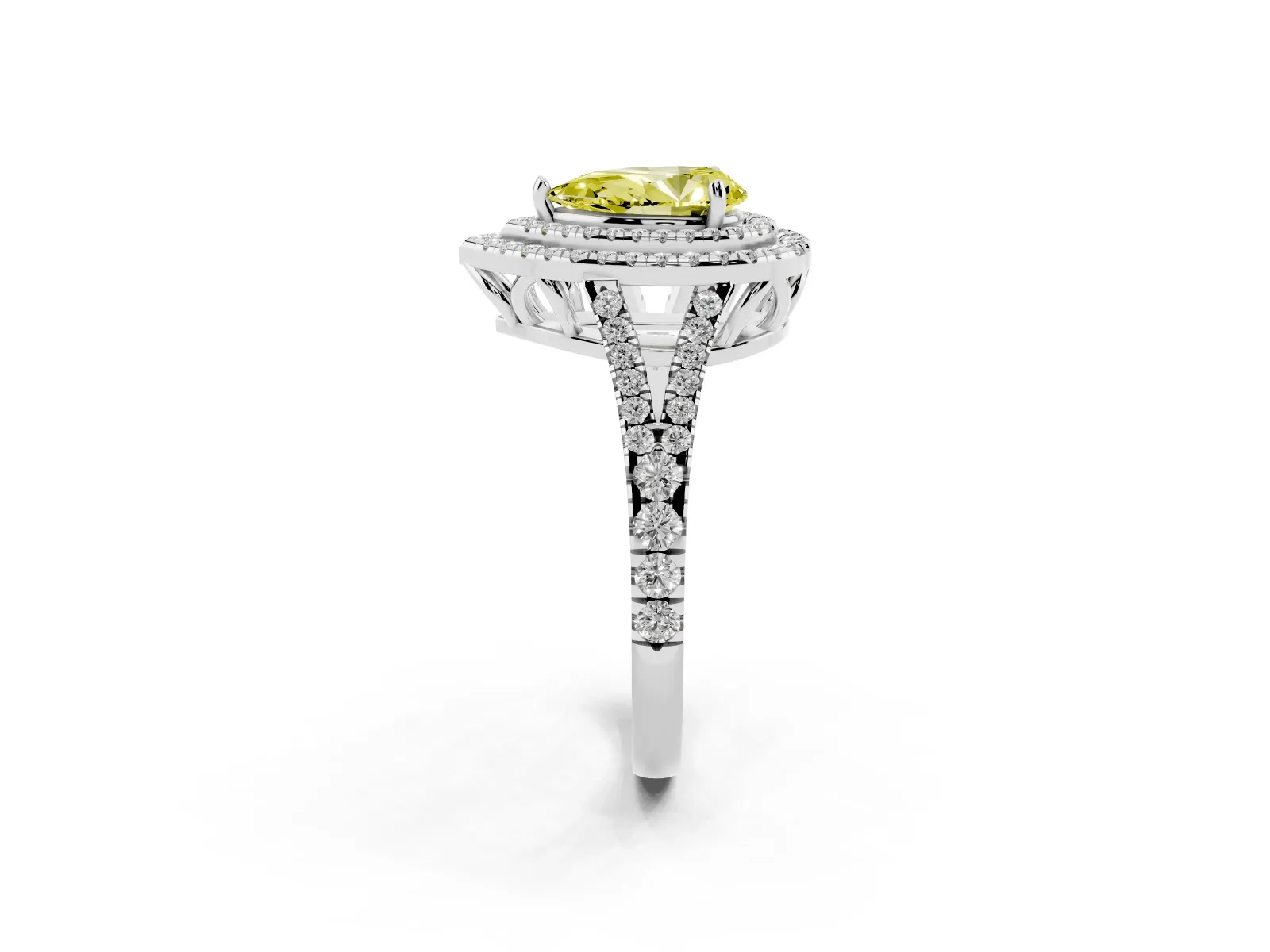 Fancy Yellow Pear Cut Diamond Double Halo Ring with Pavé Band and Prong Setting Platinum