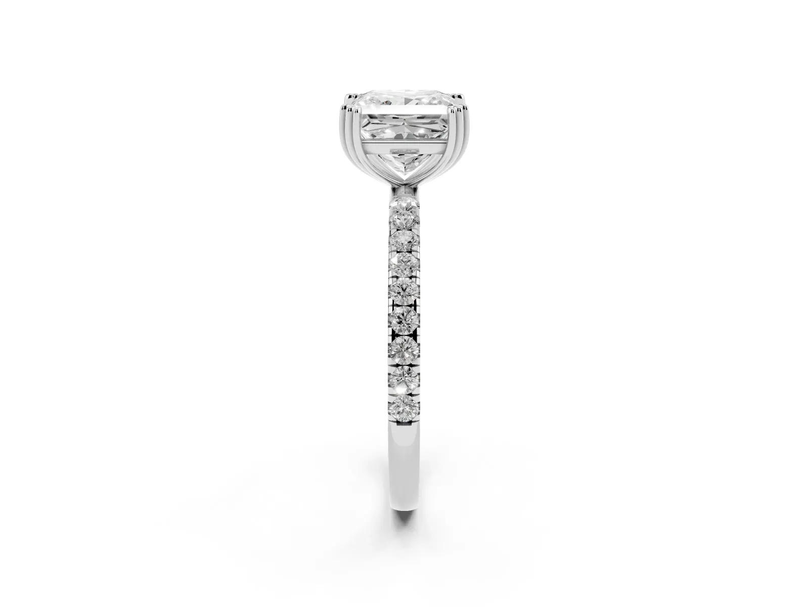 Princess Cut Brilliant Solitaire with Pavé Band and Claw Prong Setting Silver