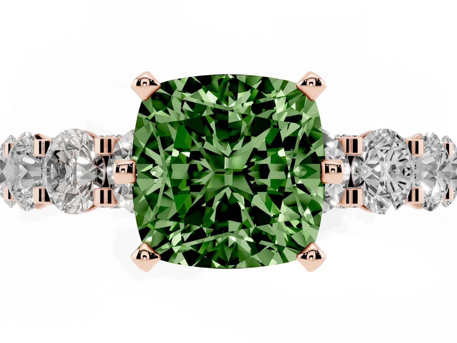 Fancy Green Cushion Cut Diamond Side Stone Engagement Ring with Four-Prong Setting Rose gold