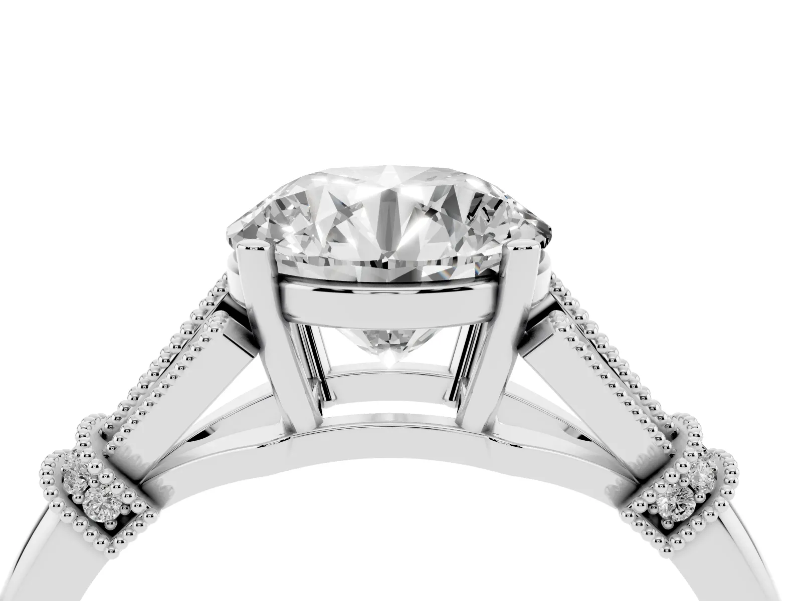 Round Cut Diamond Solitaire Ring with Floral Filigree and Pave Accents Platinum