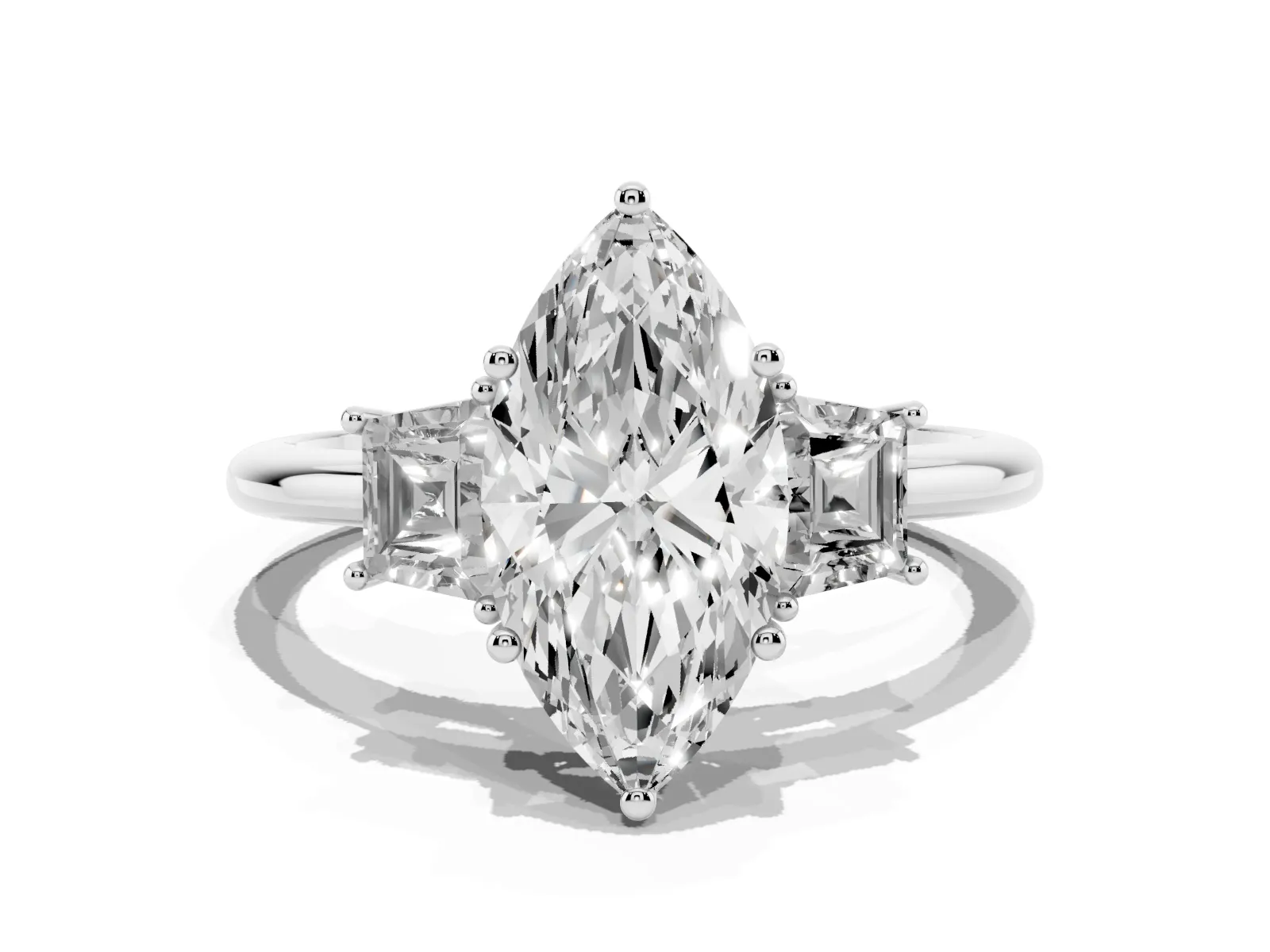 Marquise Cut Diamond Three-Stone Ring with Trapezoid Side Stones and Prong Setting Platinum