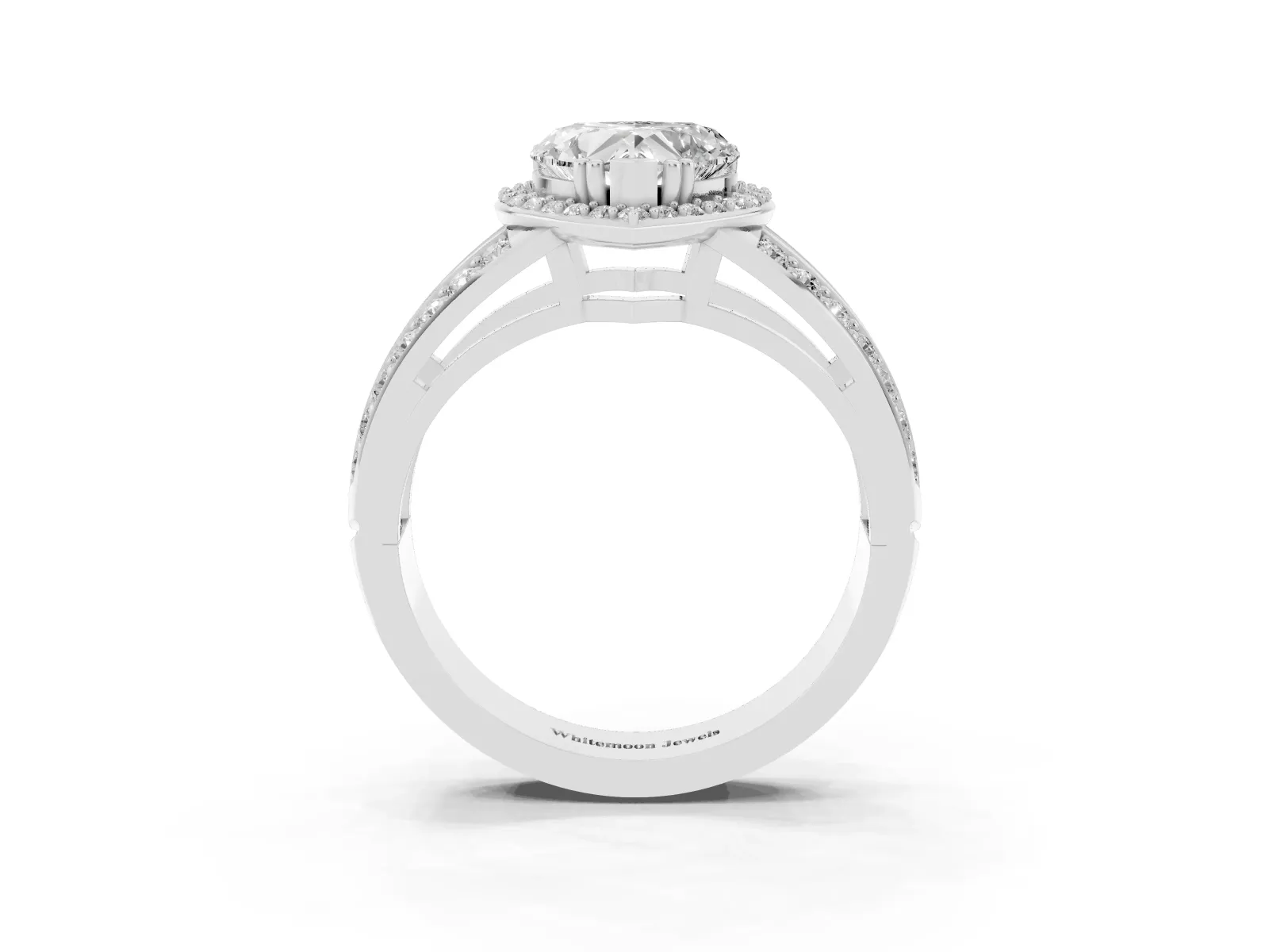 Heart Cut Diamond Halo Ring with Split Shank Pavé Band and Four-Prong Setting Platinum