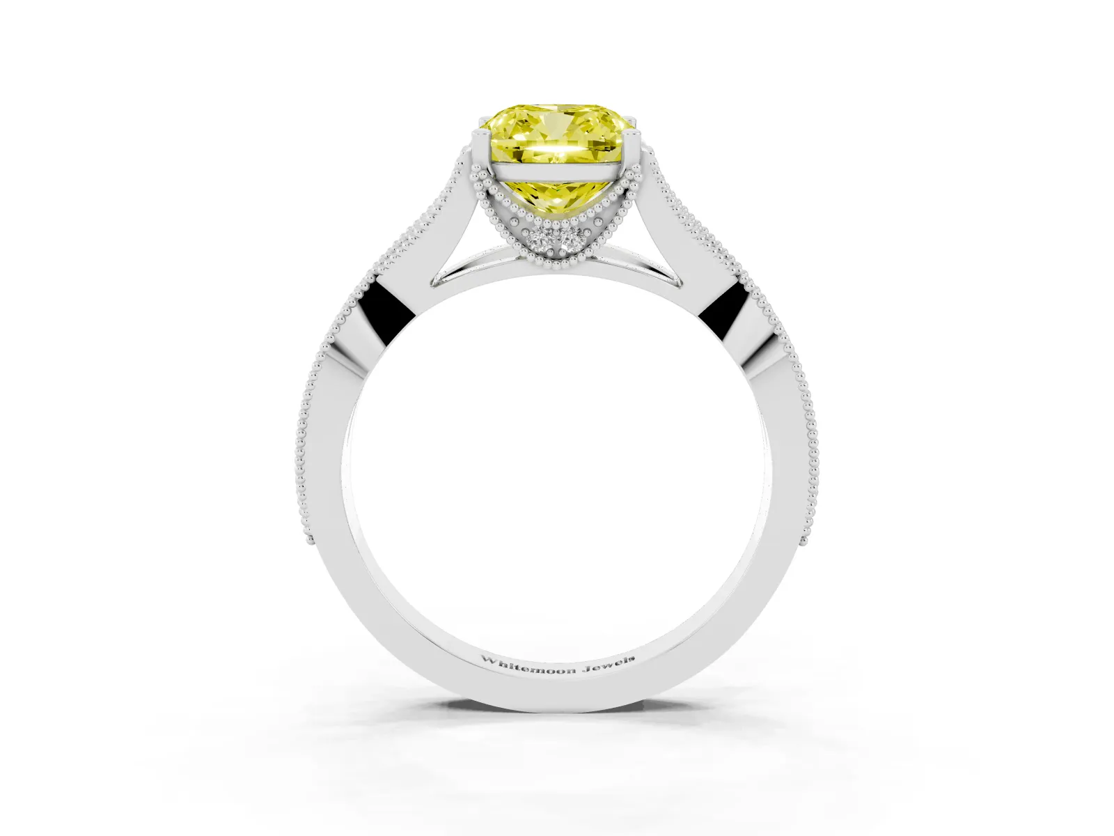Fancy Yellow Cushion Cut Cut Diamond Twisted Band with Milgrain Pave Setting and Four-Prong Setting Platinum