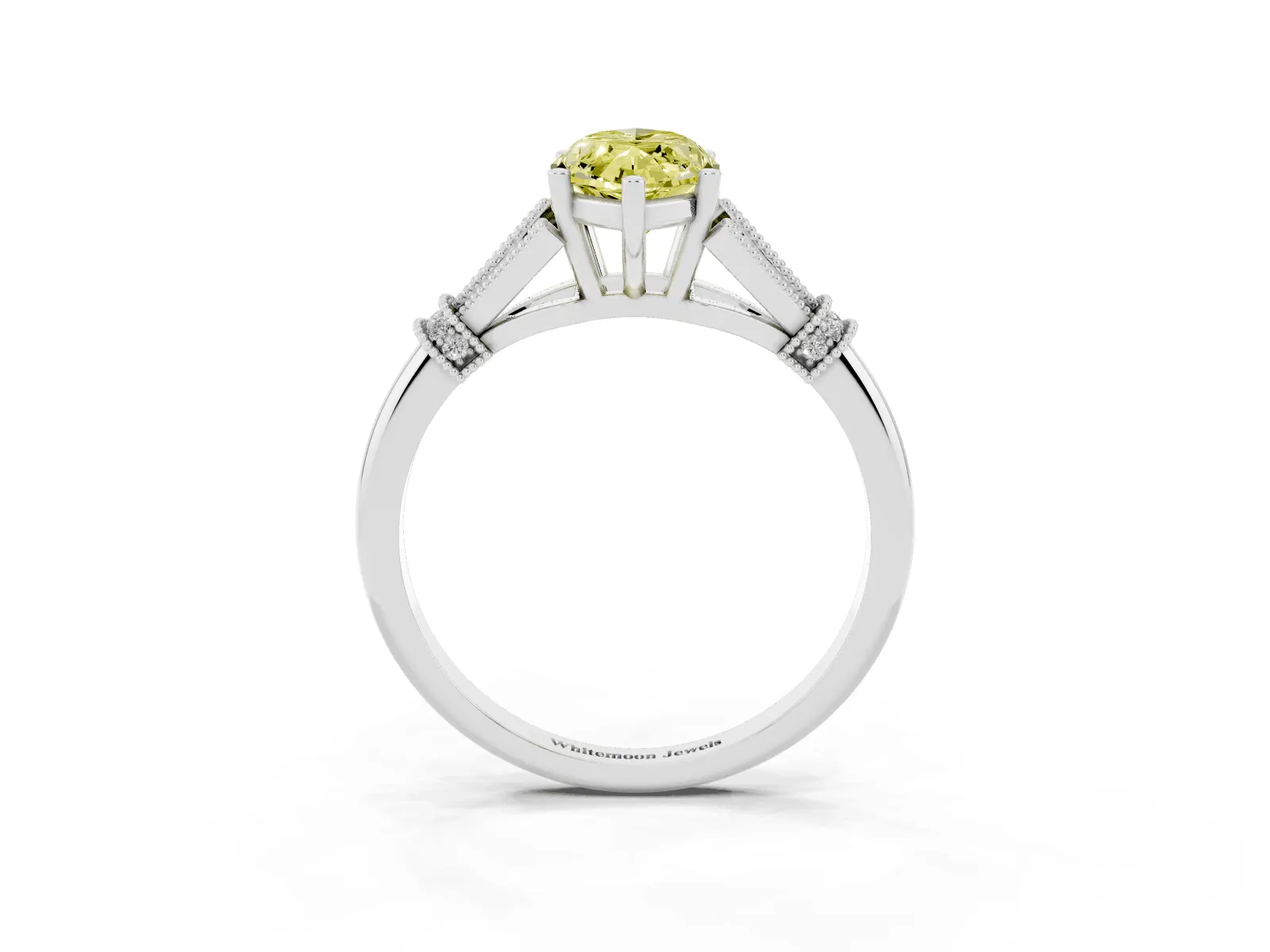 Fancy Yellow Marquise Cut Diamond Solitaire Ring with Floral Filigree and Pave Accents Platinum