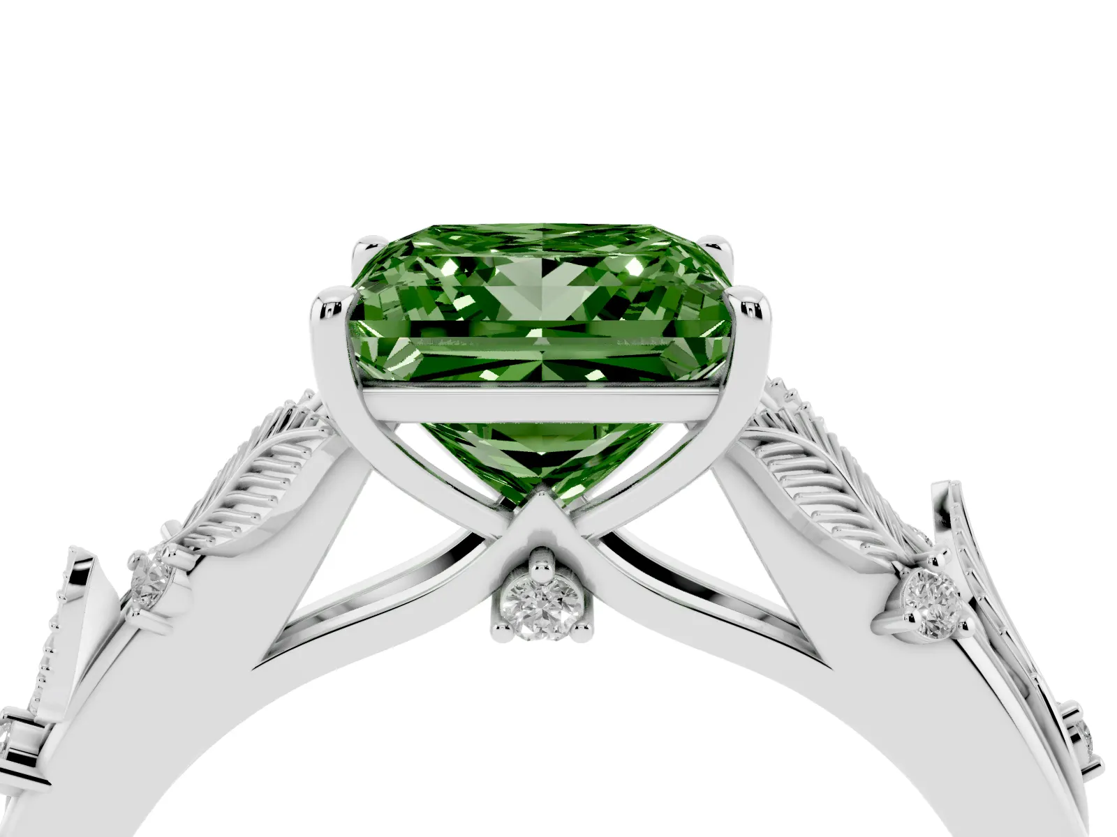 Fancy Green Princess Cut Diamond Solitaire Ring with Leaf Motif Band and Four-Prong Setting Platinum