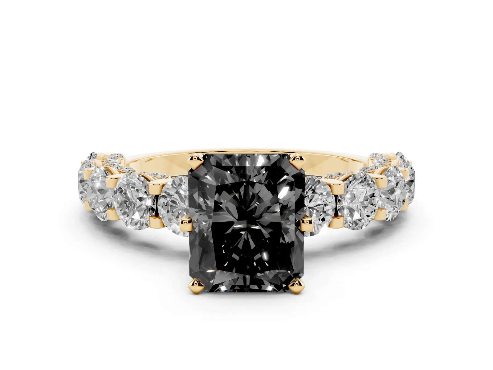 Fancy Black Radiant Cut Diamond Side Stone Engagement Ring with Four-Prong Setting Yellow gold