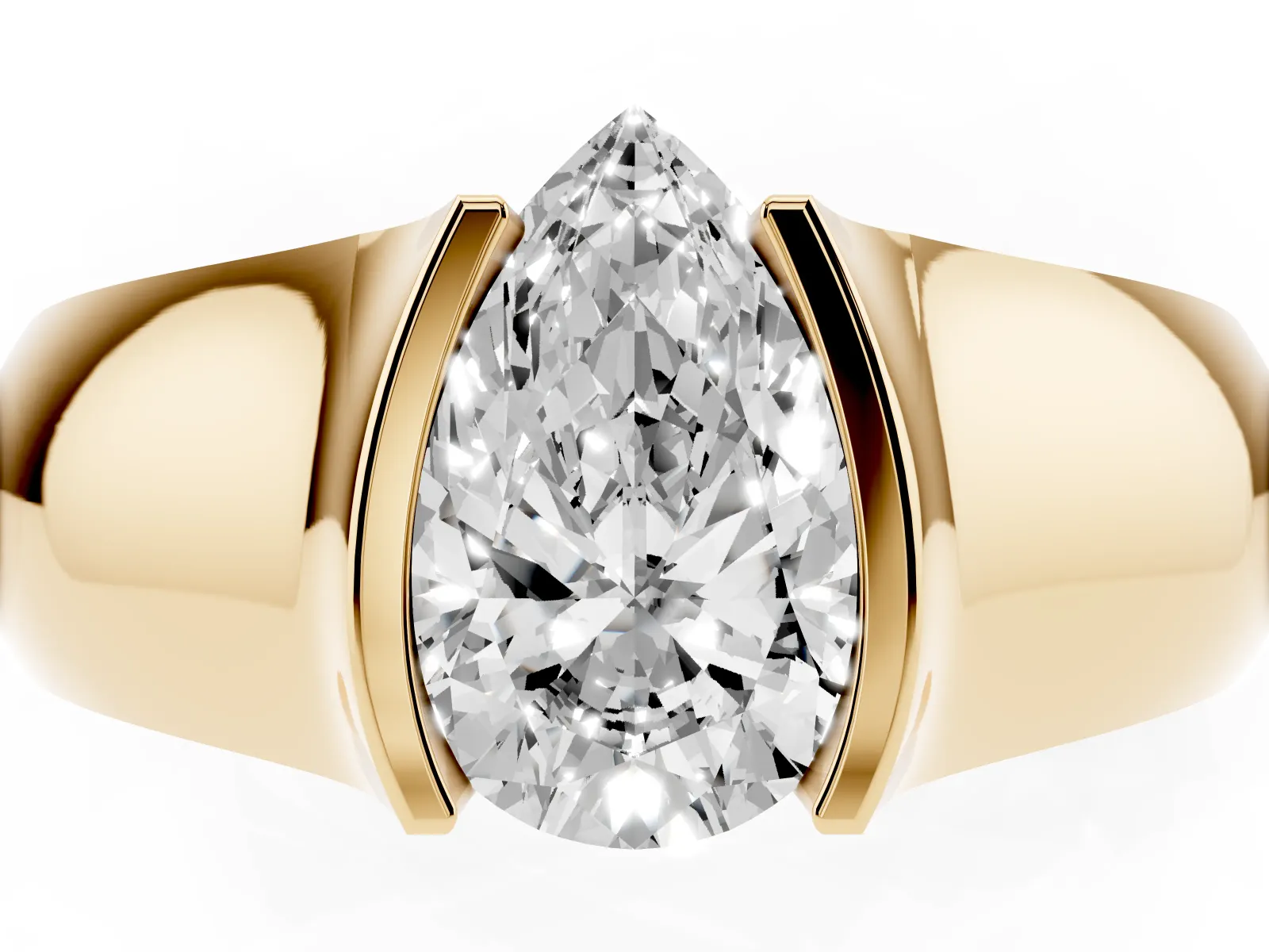 Pear Cut Solitaire Bezel Set Diamond Ring with Wide Band Yellow gold