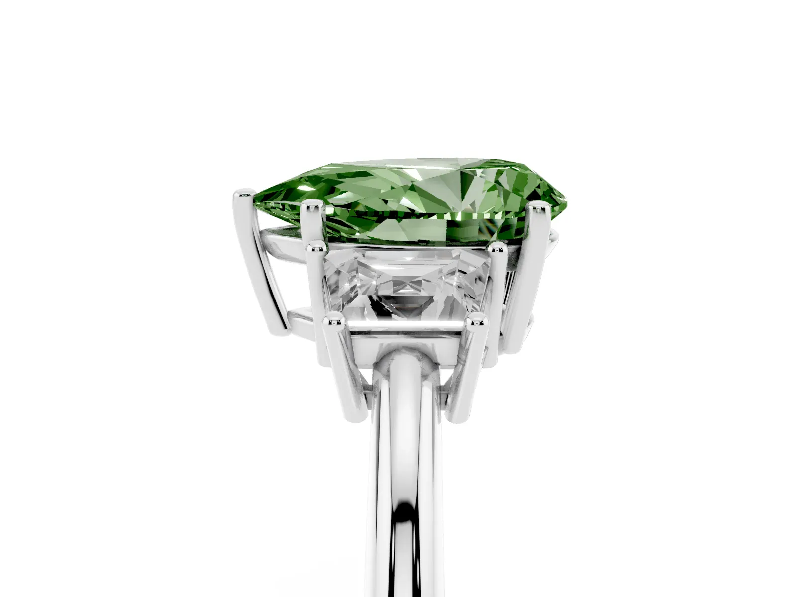 Fancy Green Pear Cut Diamond Three-Stone Ring with Trapezoid Side Stones and Prong Setting Platinum