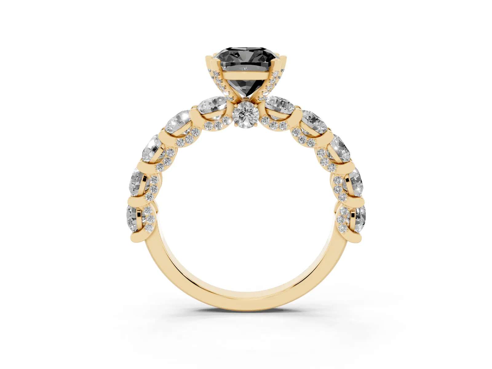 Fancy Black Cushion Cut Diamond Side Stone Engagement Ring with Four-Prong Setting Yellow gold