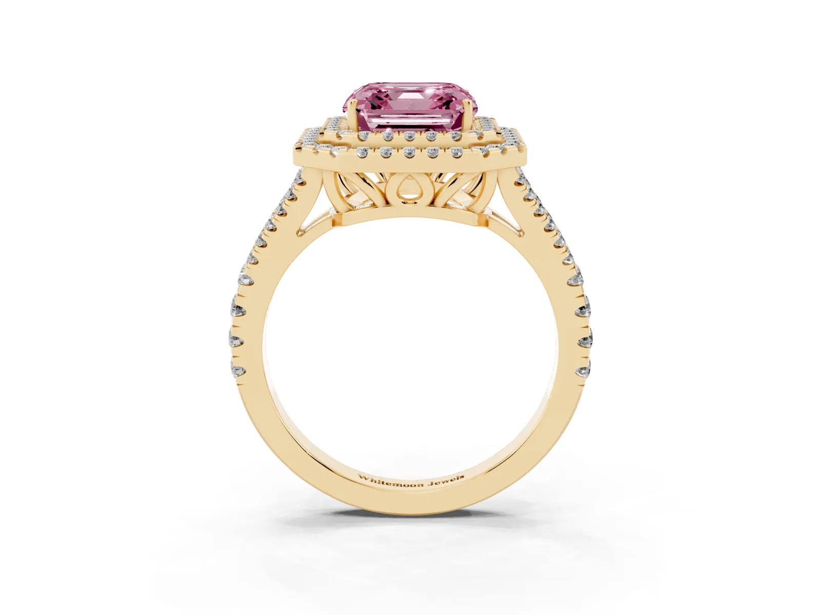Fancy Pink Asscher Cut Diamond Double Halo Ring with Pavé Band and Prong Setting Yellow gold