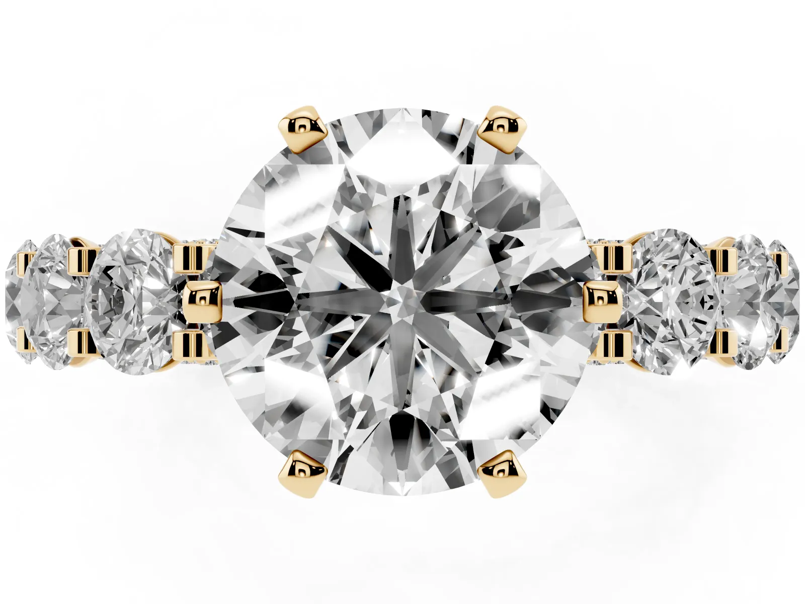 Round Cut Diamond Side Stone Engagement Ring with Four-Prong Setting Yellow gold