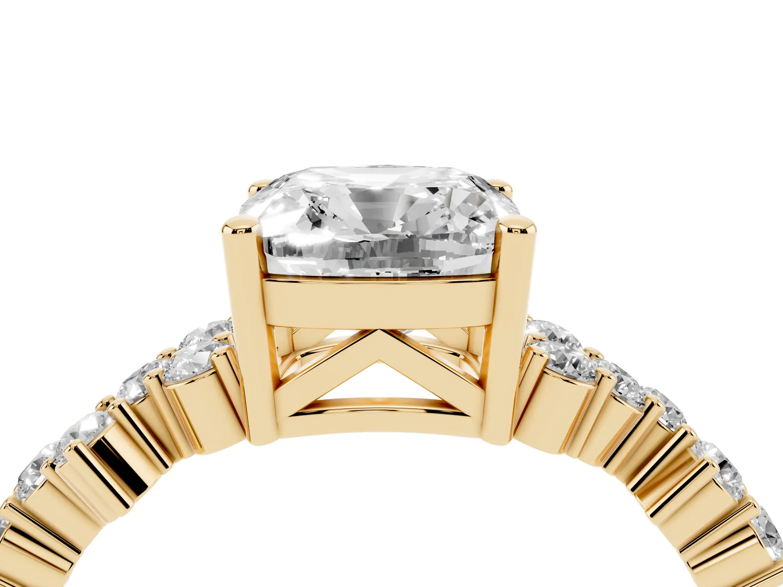 Cushion Cut Diamond Scattered Round Accent Ring with Prong Setting Yellow gold