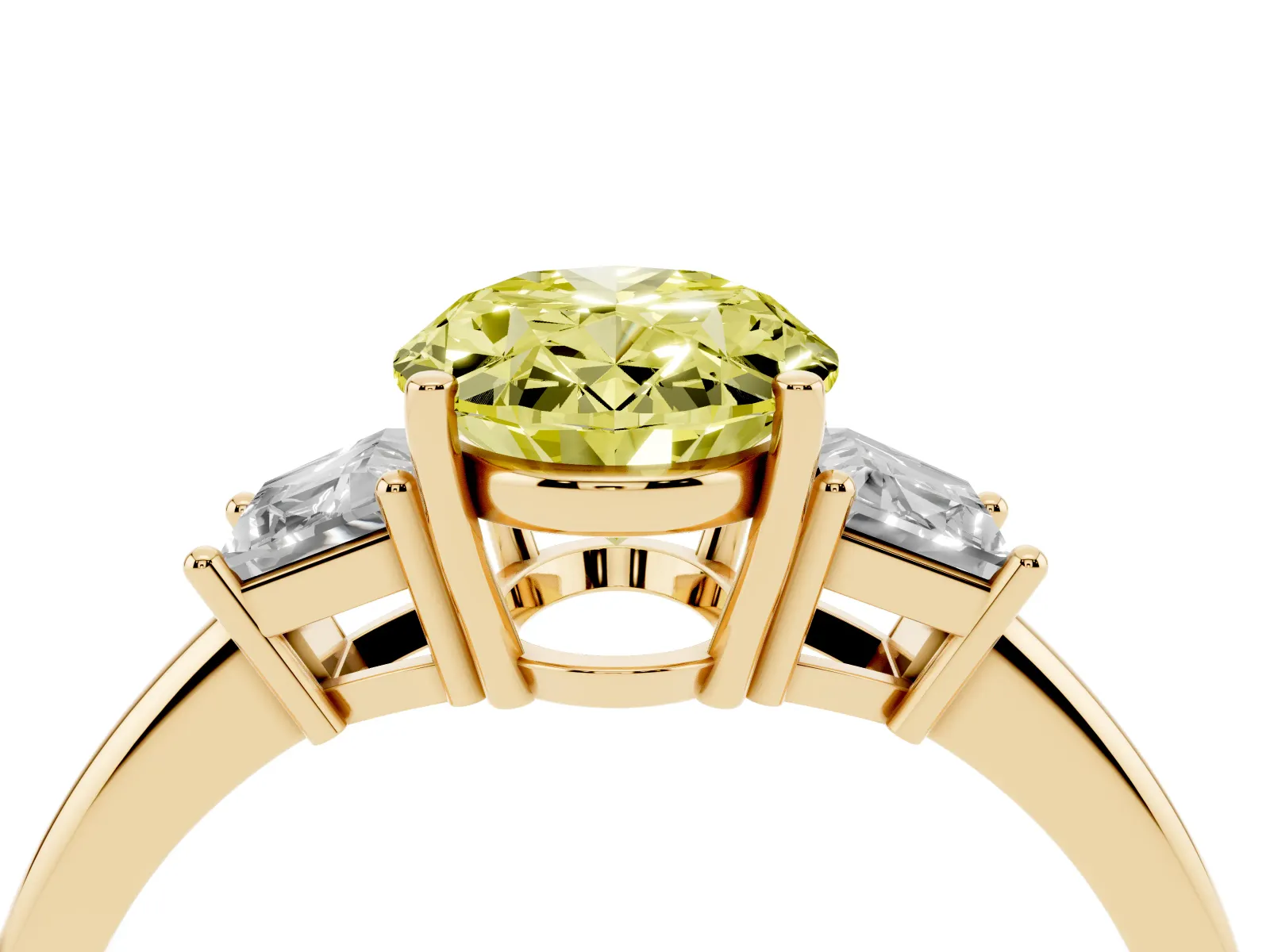 Fancy Yellow Oval Cut Diamond Three-Stone Ring with Trapezoid Side Stones and Prong Setting Yellow gold