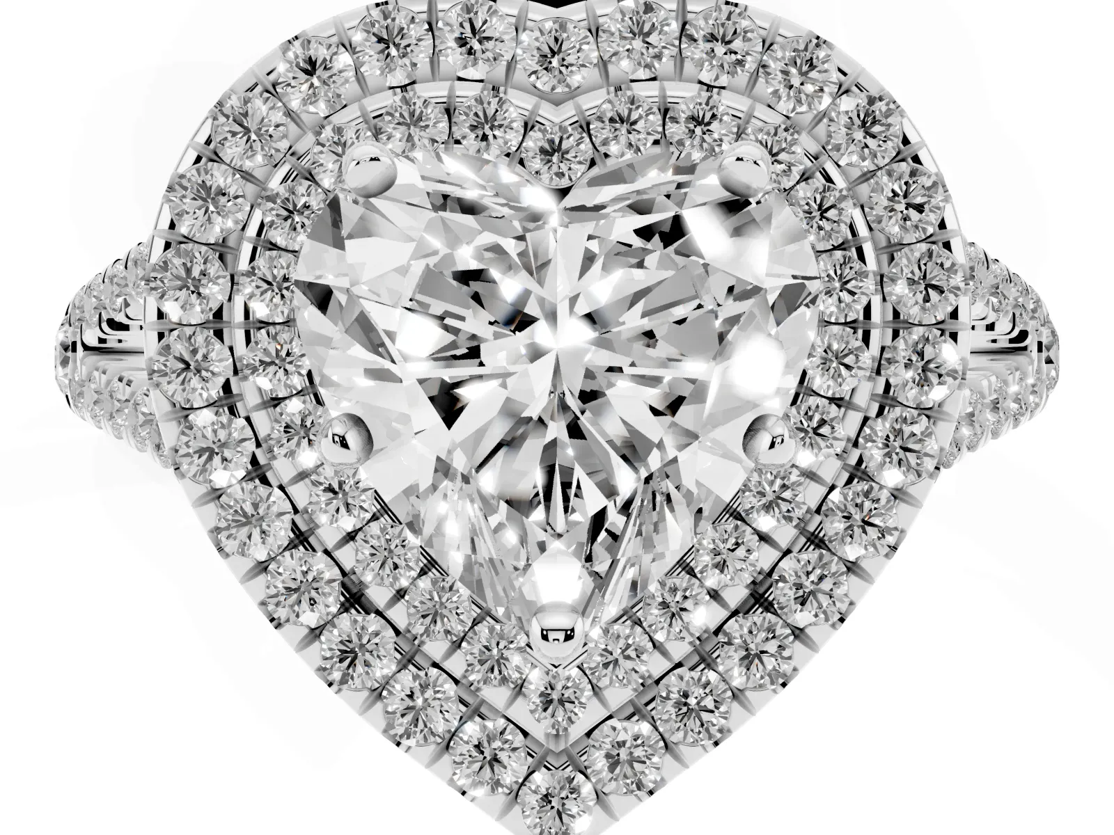 Heart Cut Diamond Double Halo Ring with Pavé Band and Prong Setting Platinum