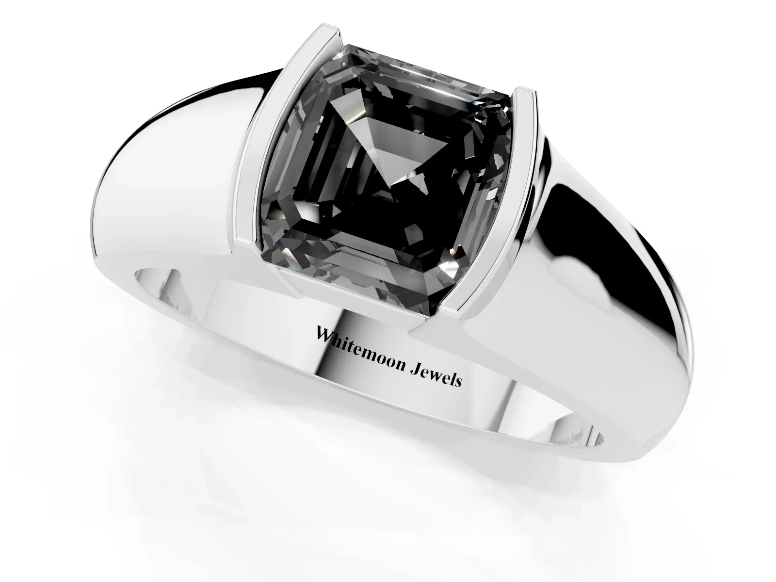 Fancy Black Asscher Cut Solitaire Bezel Set Diamond Ring with Wide Band Platinum