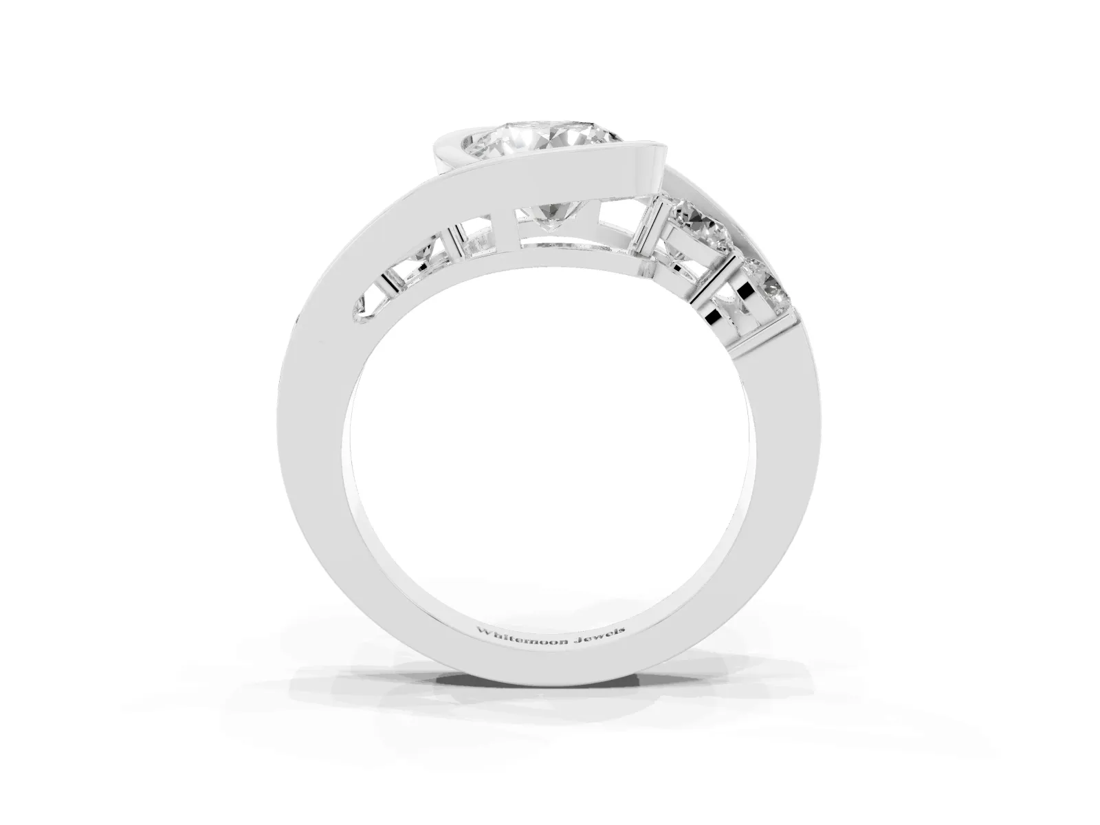 Bezel Set Round Cut Diamond Bypass Ring with Round Accents White gold