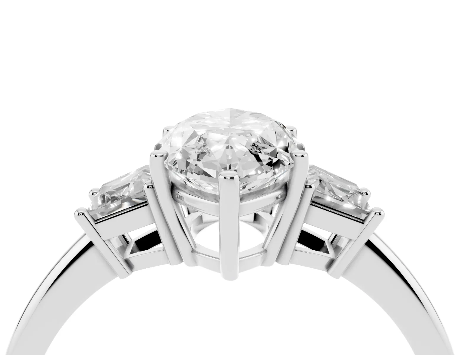 Marquise Cut Diamond Three-Stone Ring with Trapezoid Side Stones and Prong Setting Platinum