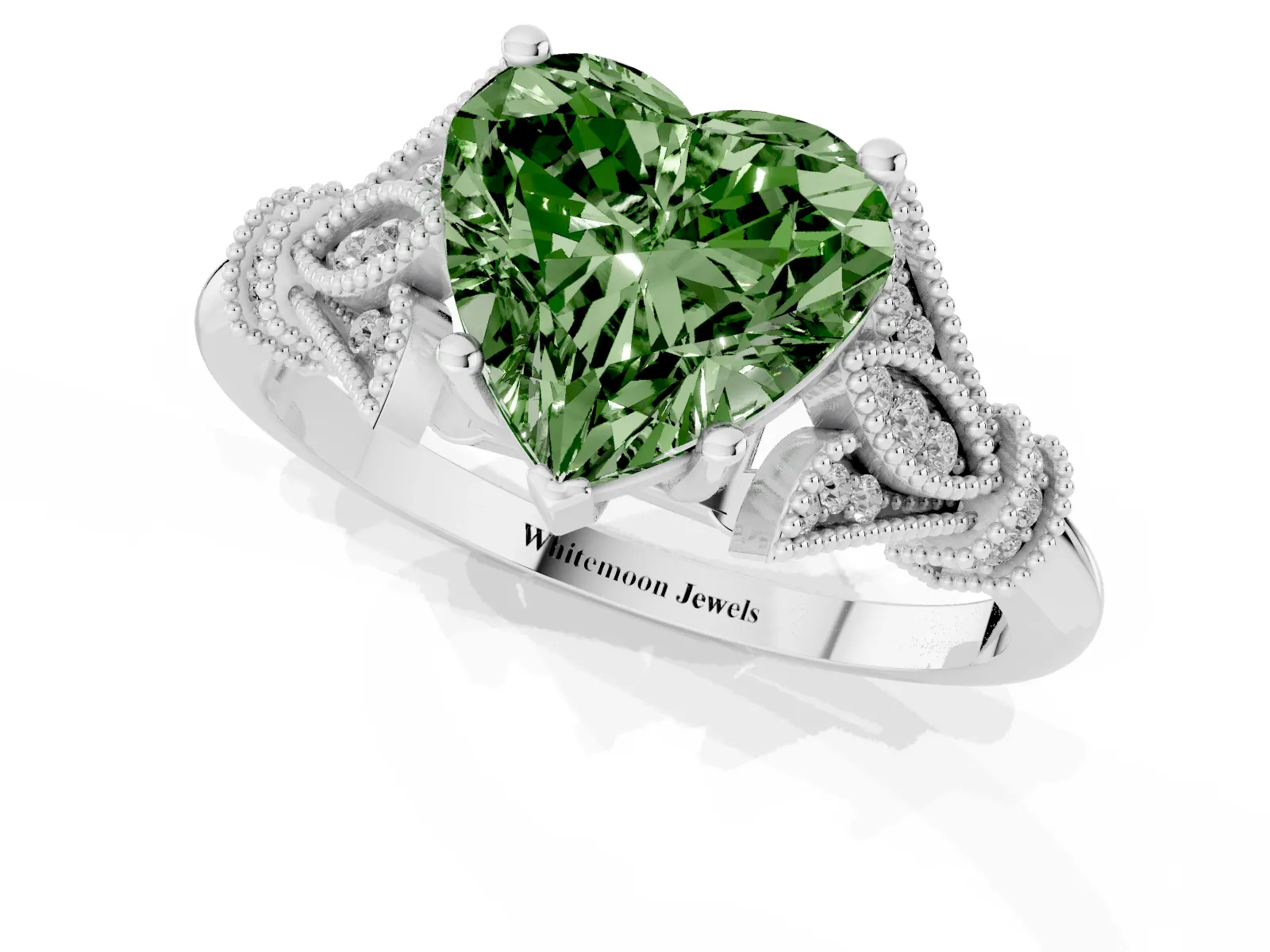 Fancy Green Heart Cut Diamond Solitaire Ring with Floral Filigree and Pave Accents Platinum