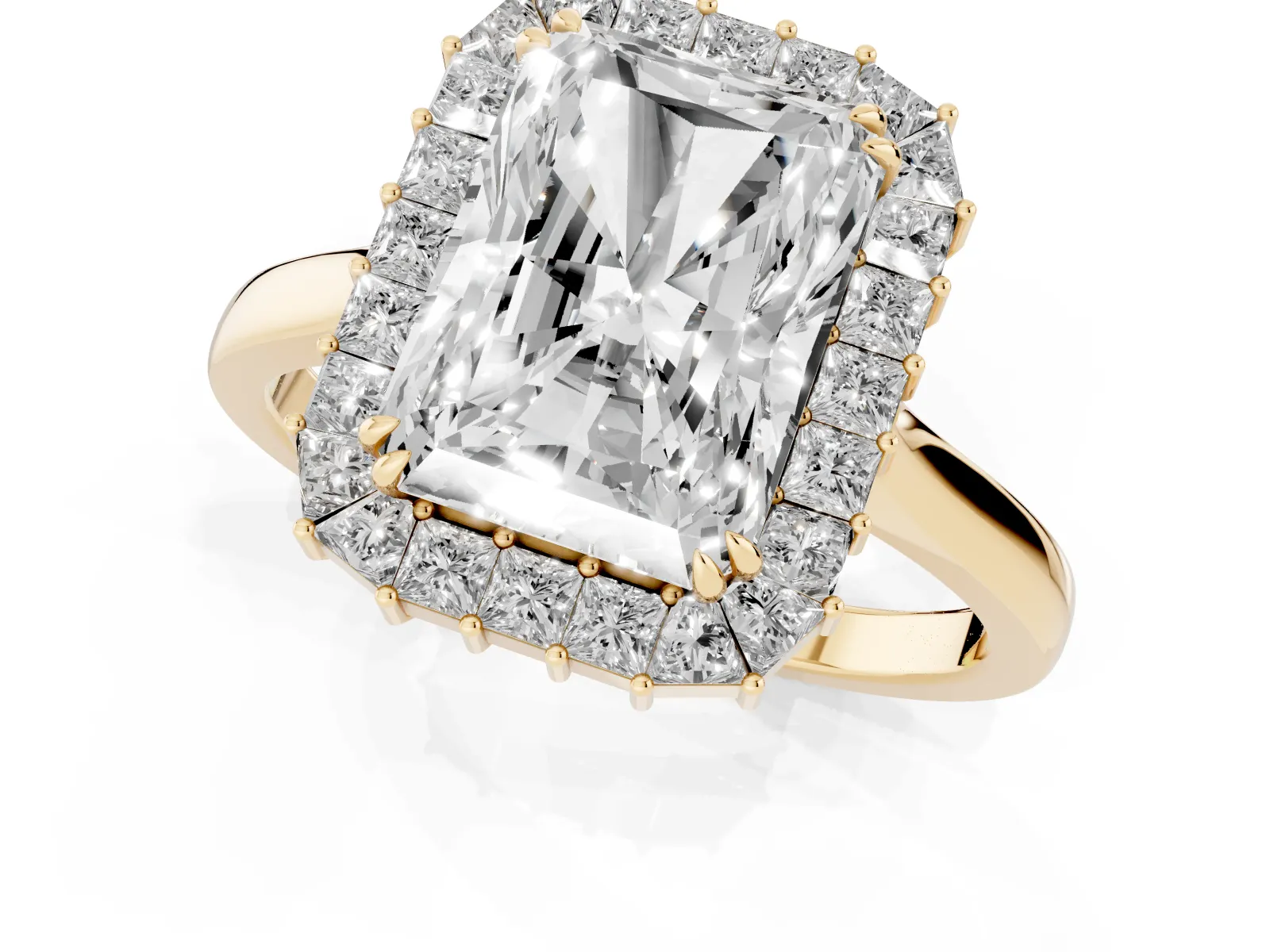 Radiant Diamond Baguette Halo Engagement Ring Yellow gold