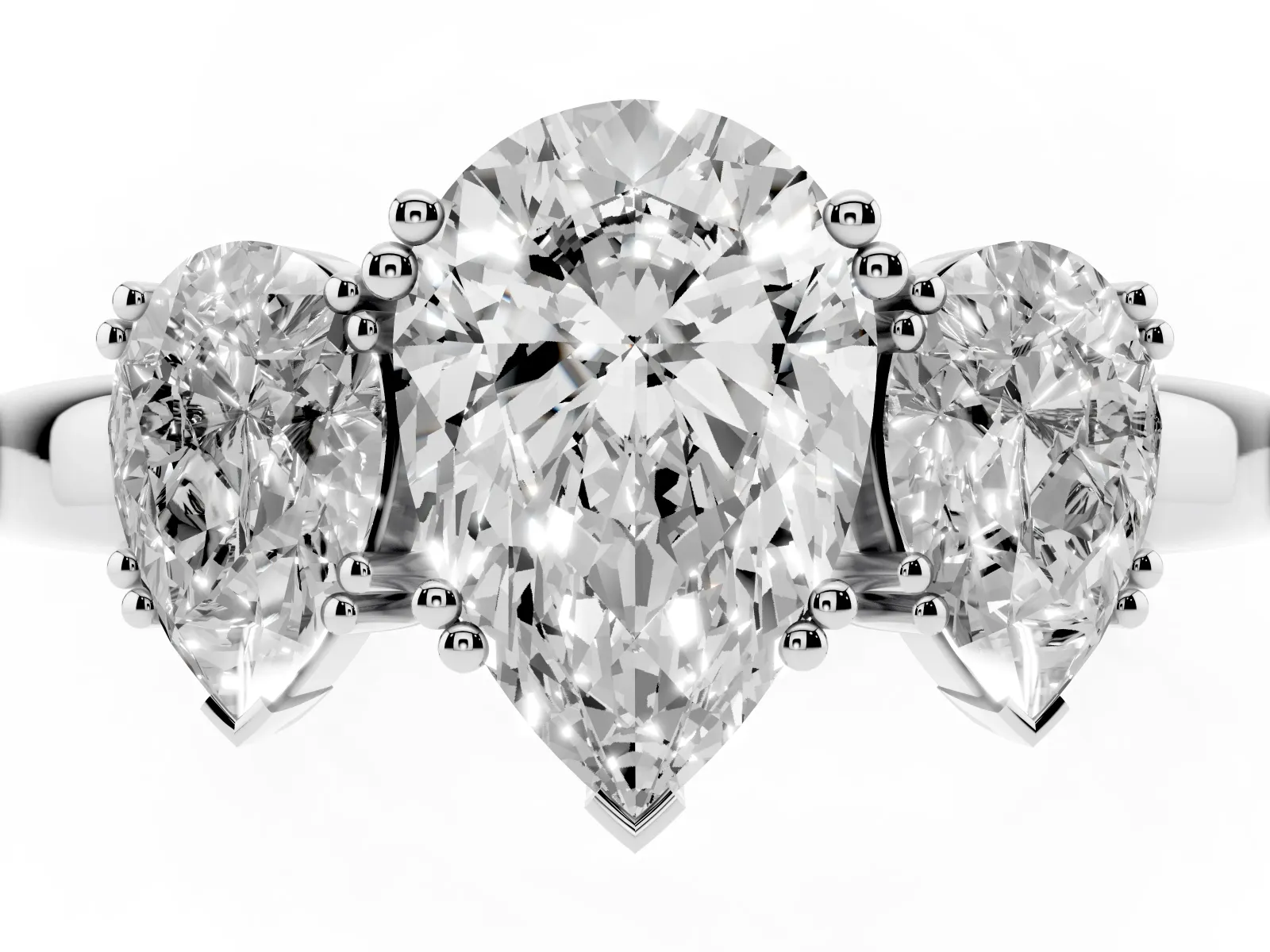 Three-Stone Pear Cut Cut Diamond Ring with Channel Set Band and Four-Prong Setting White gold