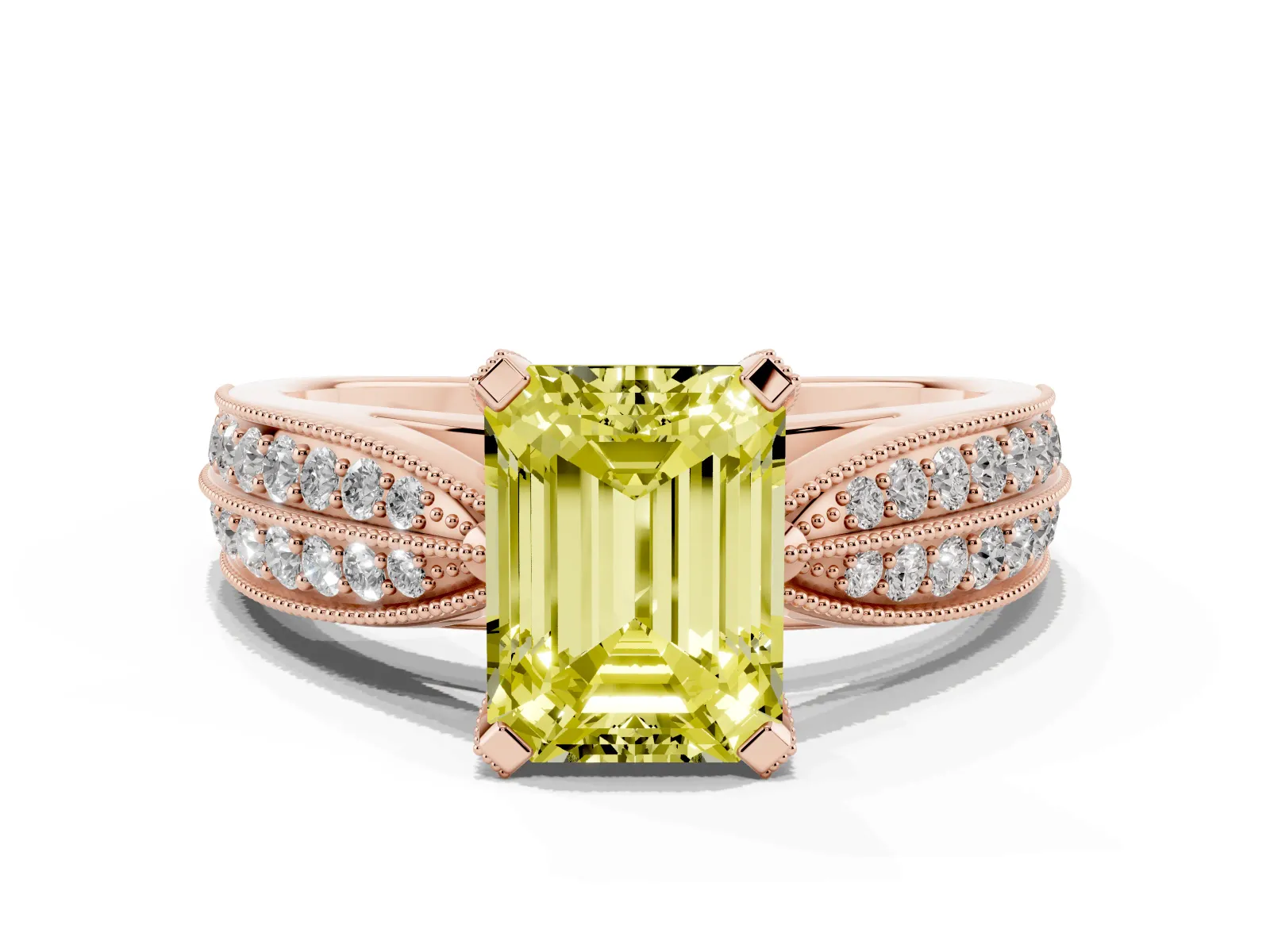 Fancy Yellow Emerald Cut Diamond Solitaire Ring with Milgrain Round Pavé Band and Prong Setting Rose gold