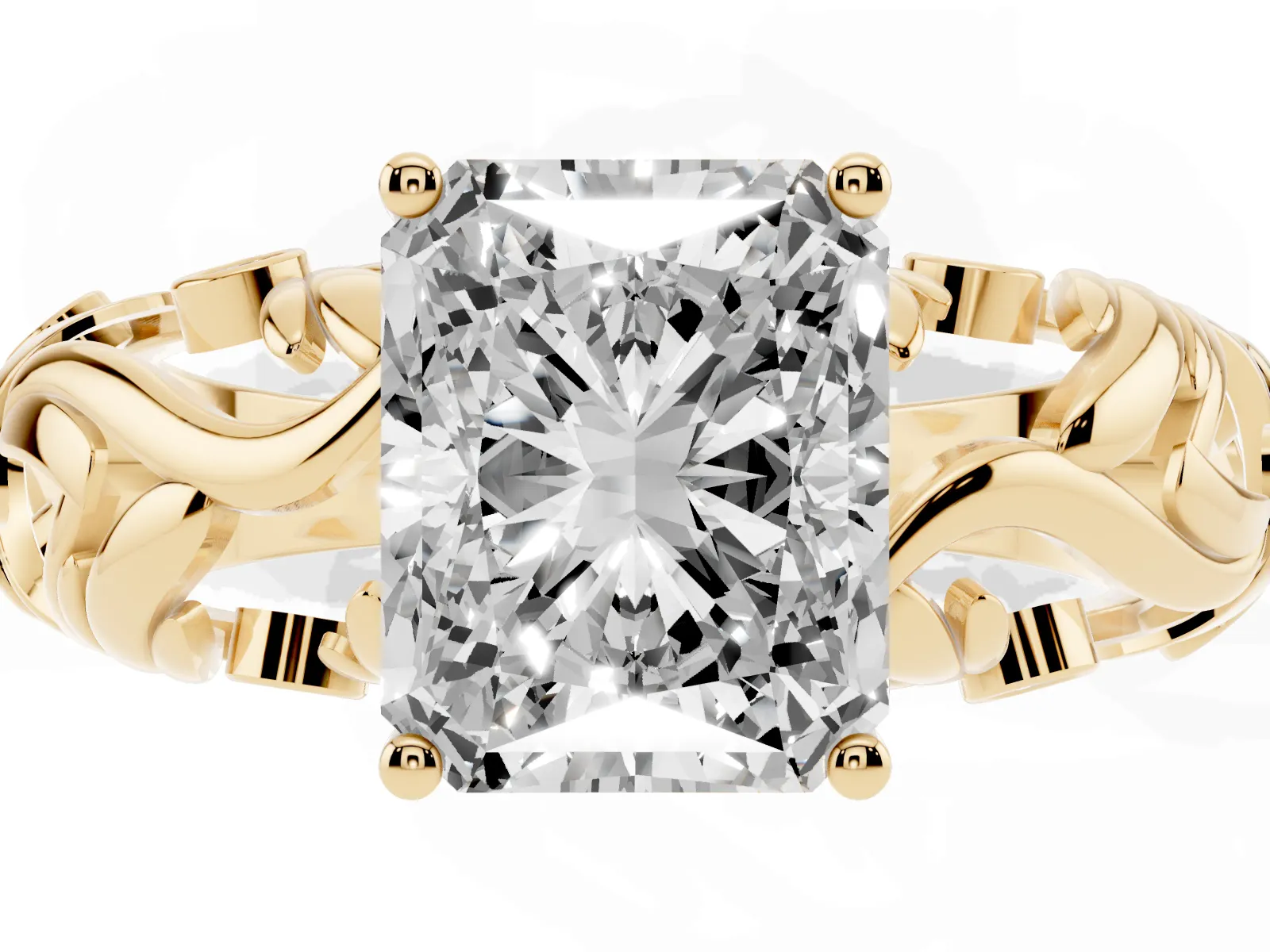 Radiant Cut Solitaire Diamond Leaf-Inspired Vine Band Ring with Prong Setting Yellow gold