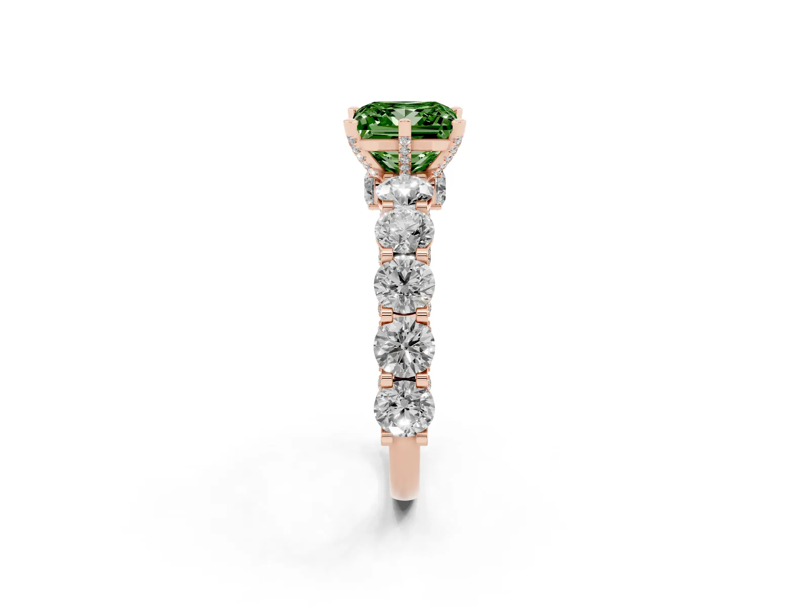 Fancy Green Princess Cut Diamond Side Stone Engagement Ring with Four-Prong Setting Rose gold