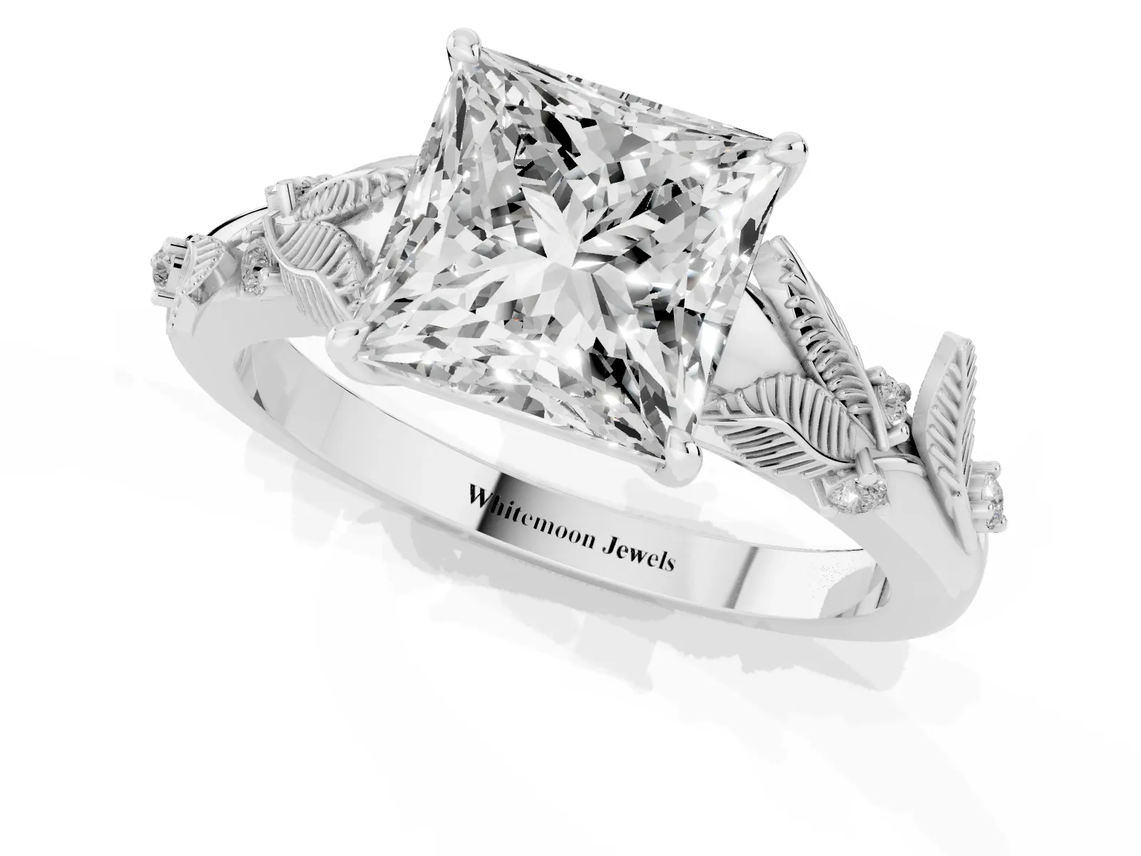 Princess Cut Diamond Solitaire Ring with Leaf Motif Band and Four-Prong Setting Platinum