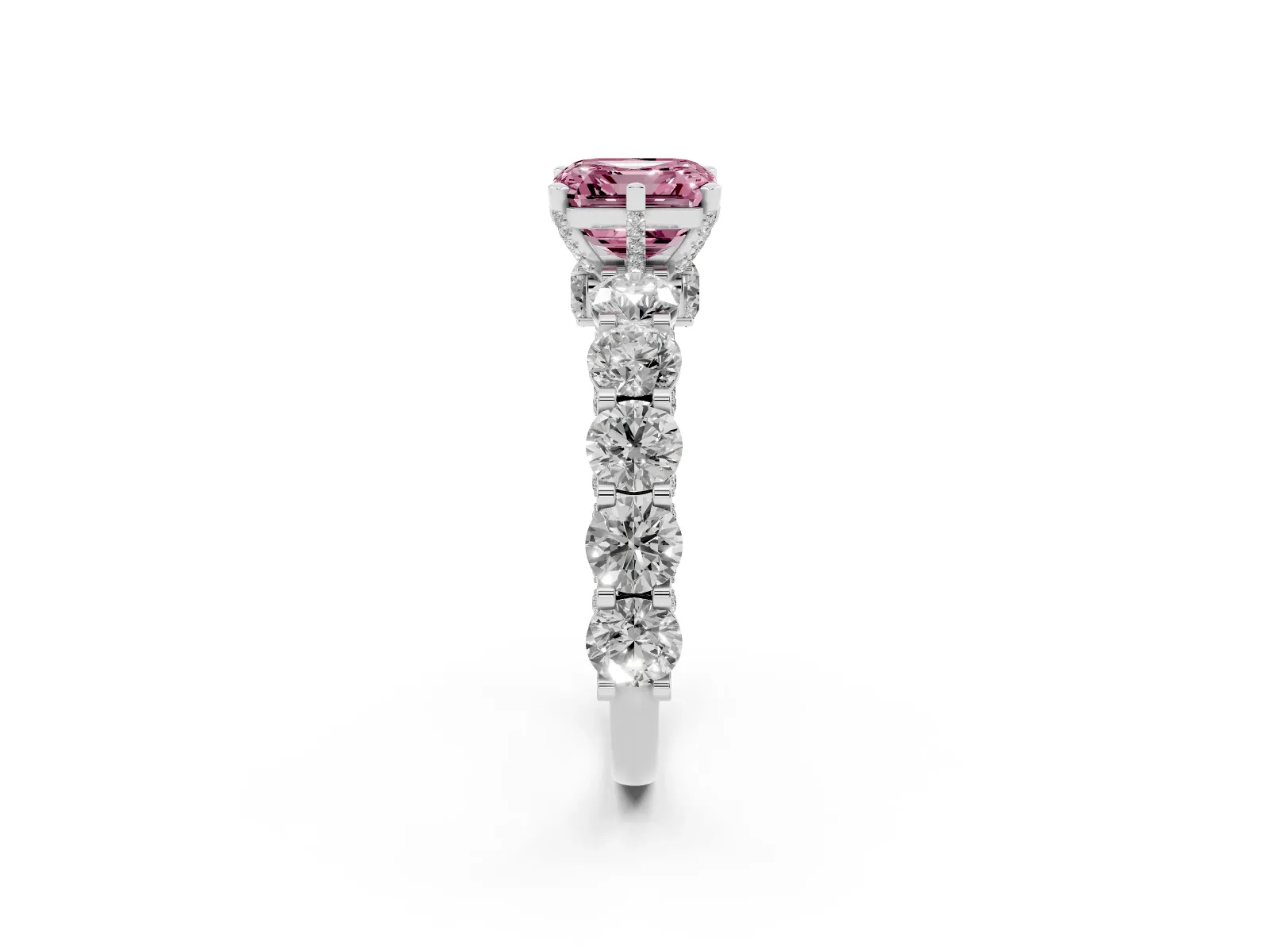 Fancy Pink Asscher Cut Diamond Side Stone Engagement Ring with Four-Prong Setting Platinum