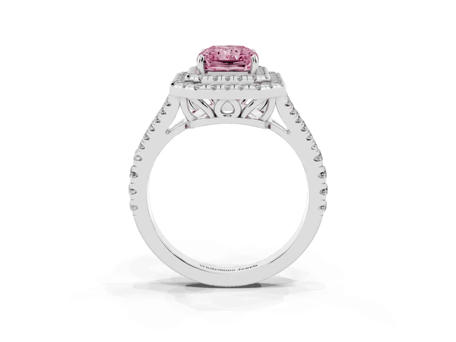 Fancy Pink Radiant Cut Diamond Double Halo Ring with Pavé Band and Prong Setting Platinum