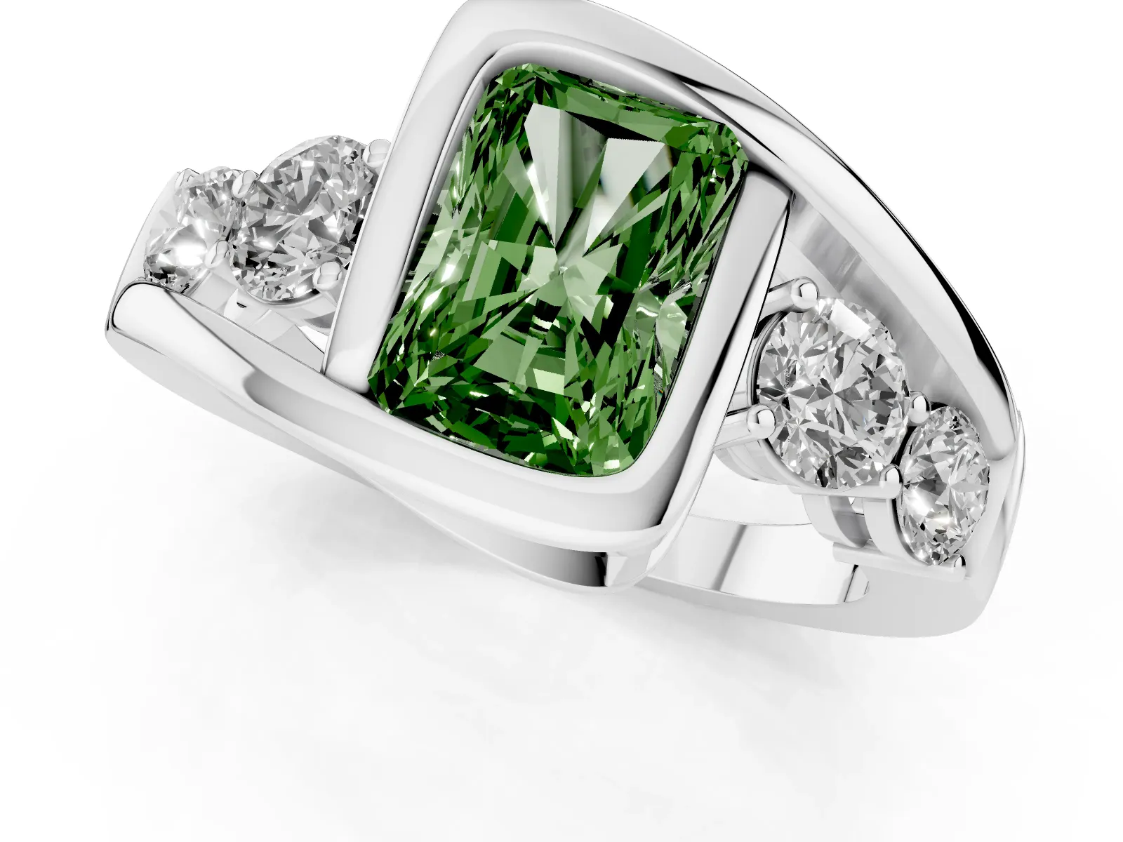 Fancy Green Bezel Set Radiant Cut Diamond Bypass Ring with Round Accents White gold