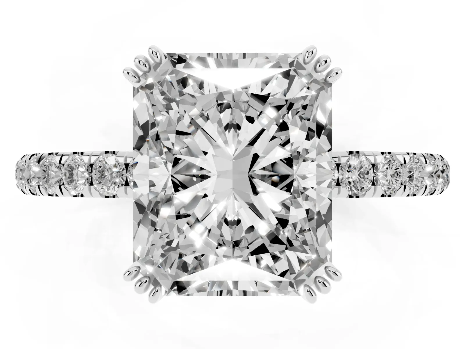 Radiant Cut Brilliant Solitaire with Pavé Band and Claw Prong Setting Silver