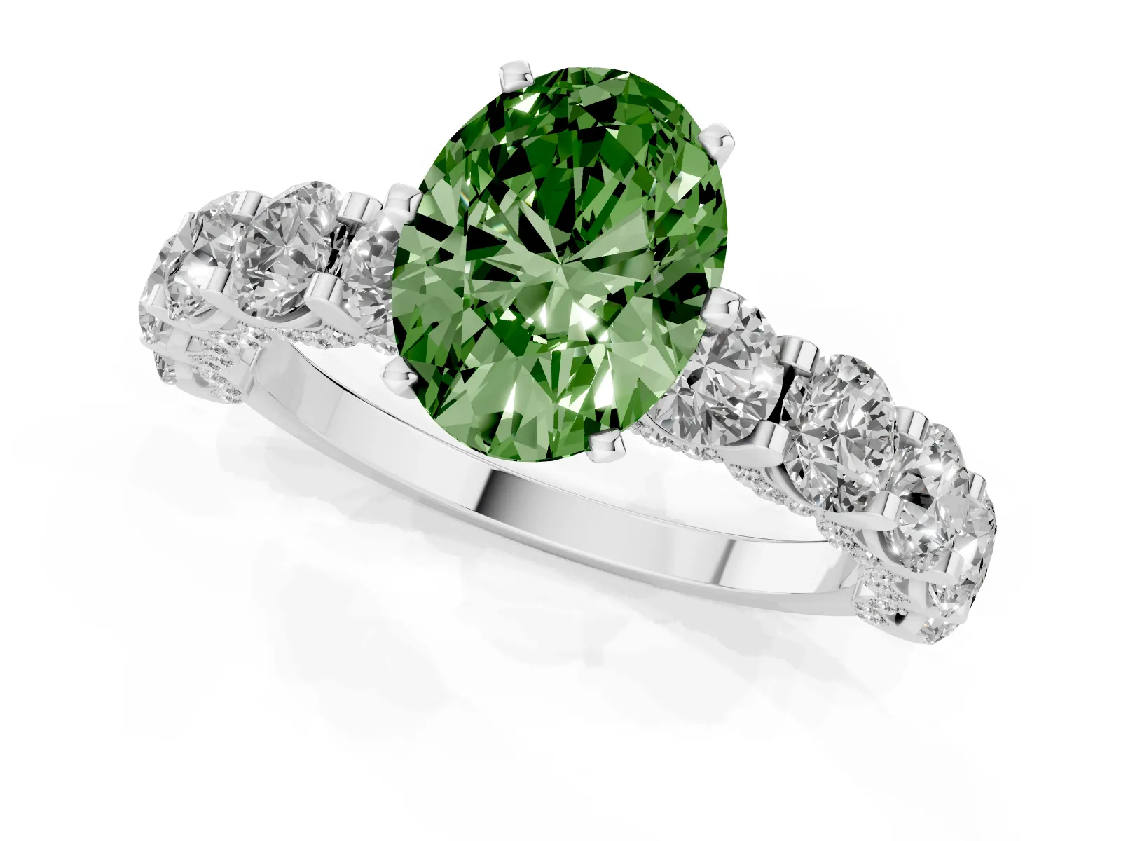 Fancy Green Oval Cut Diamond Side Stone Engagement Ring with Four-Prong Setting Platinum