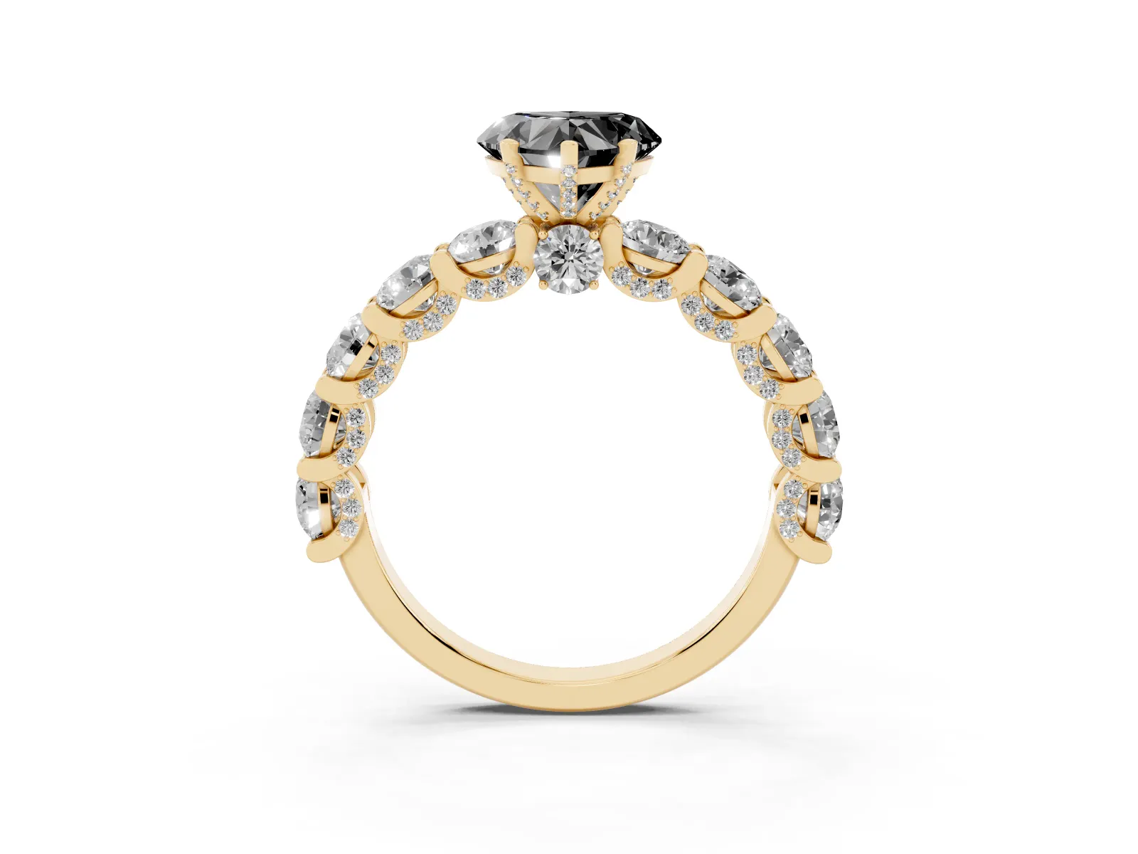 Fancy Black Heart Cut Diamond Side Stone Engagement Ring with Four-Prong Setting Yellow gold