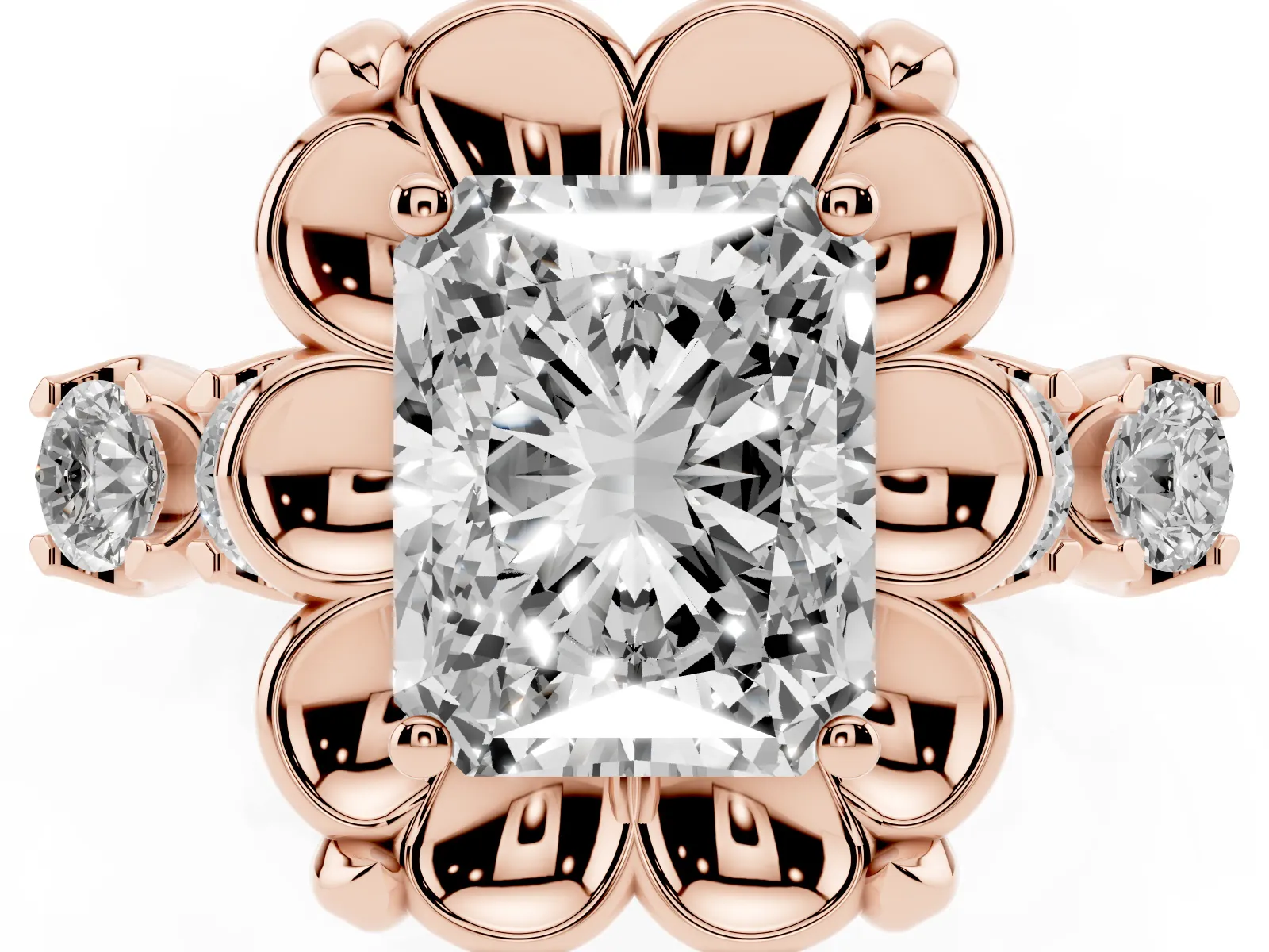 Radiant Cut Cut Diamond Floral Halo Engagement Ring with Shared Prong Setting Rose gold