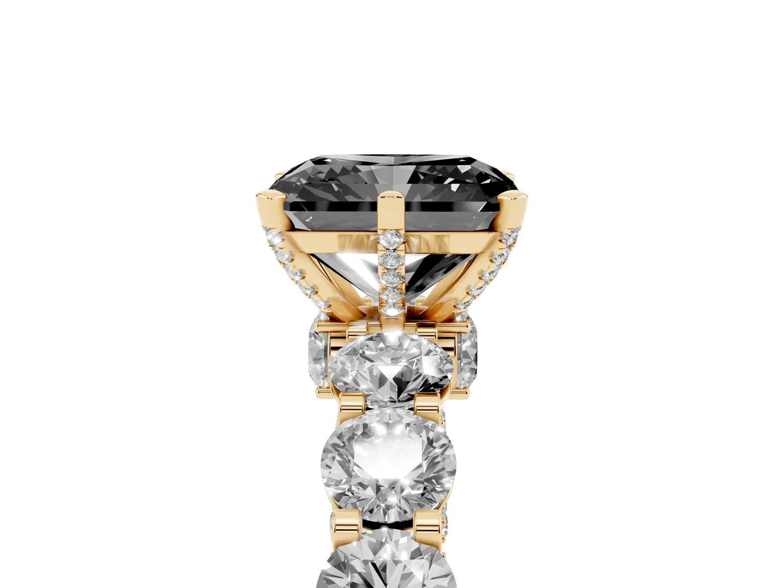 Fancy Black Radiant Cut Diamond Side Stone Engagement Ring with Four-Prong Setting Yellow gold