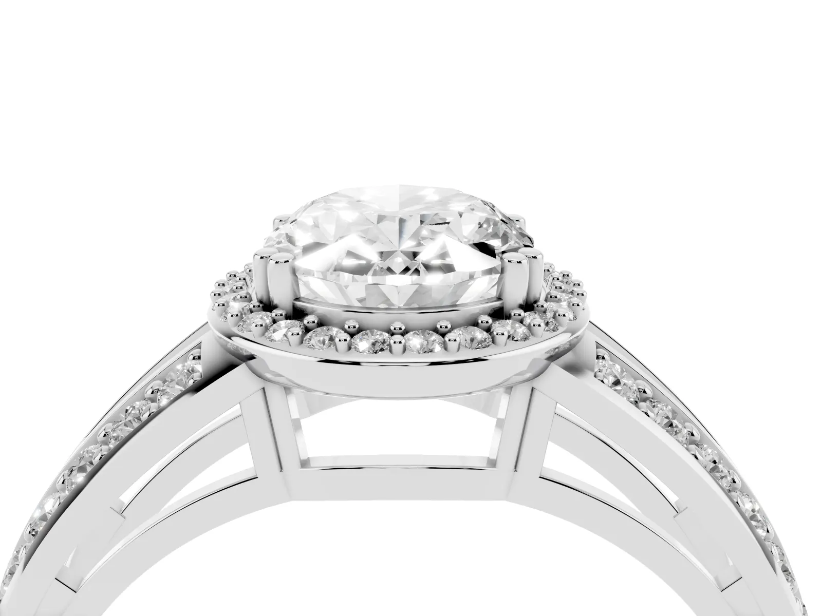 Oval Cut Diamond Halo Ring with Split Shank Pavé Band and Four-Prong Setting White gold