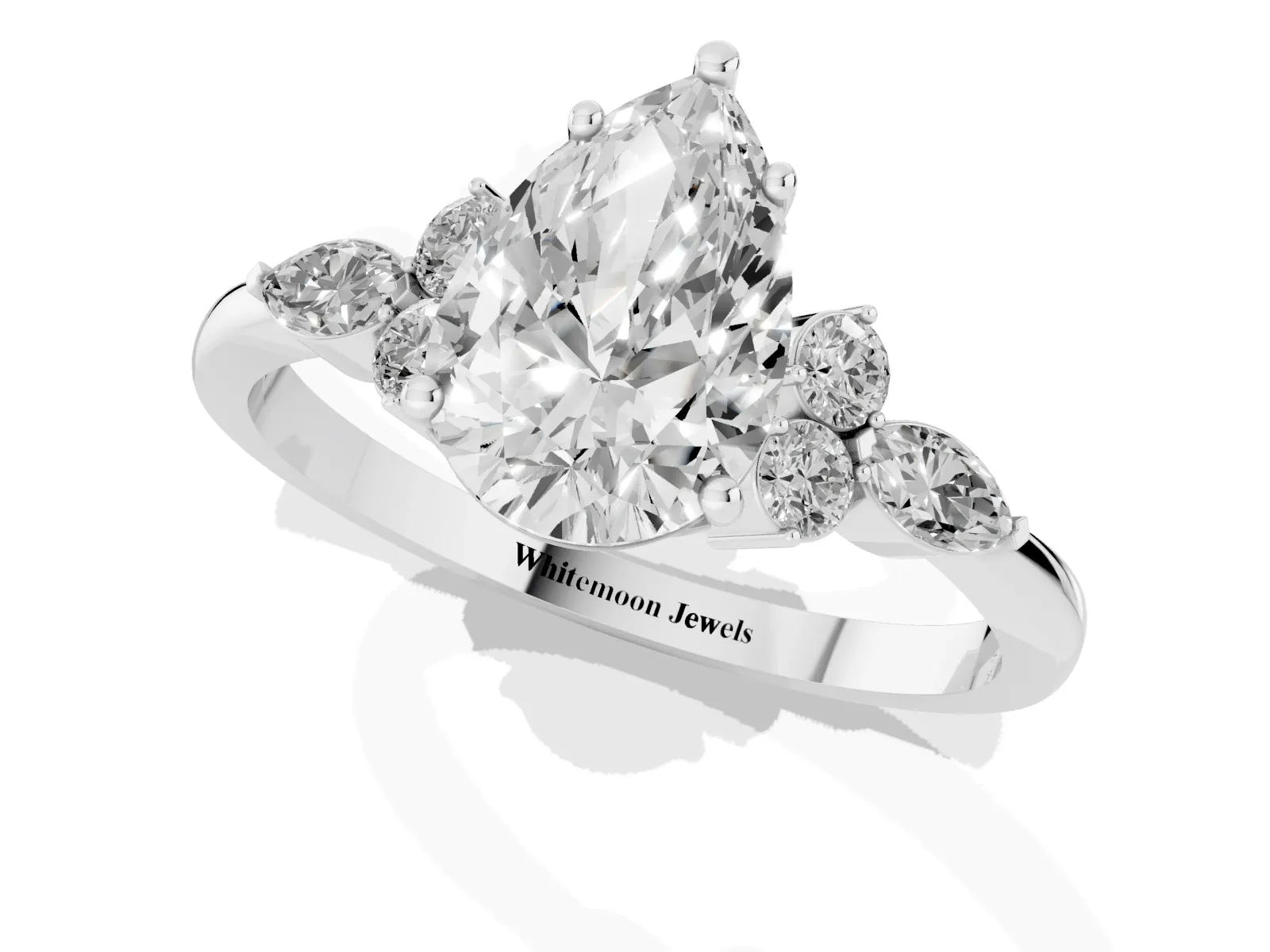 Pear Cut Brilliant Diamond Solitaire Ring with Pear Side Stones and Four-Prong Setting Platinum