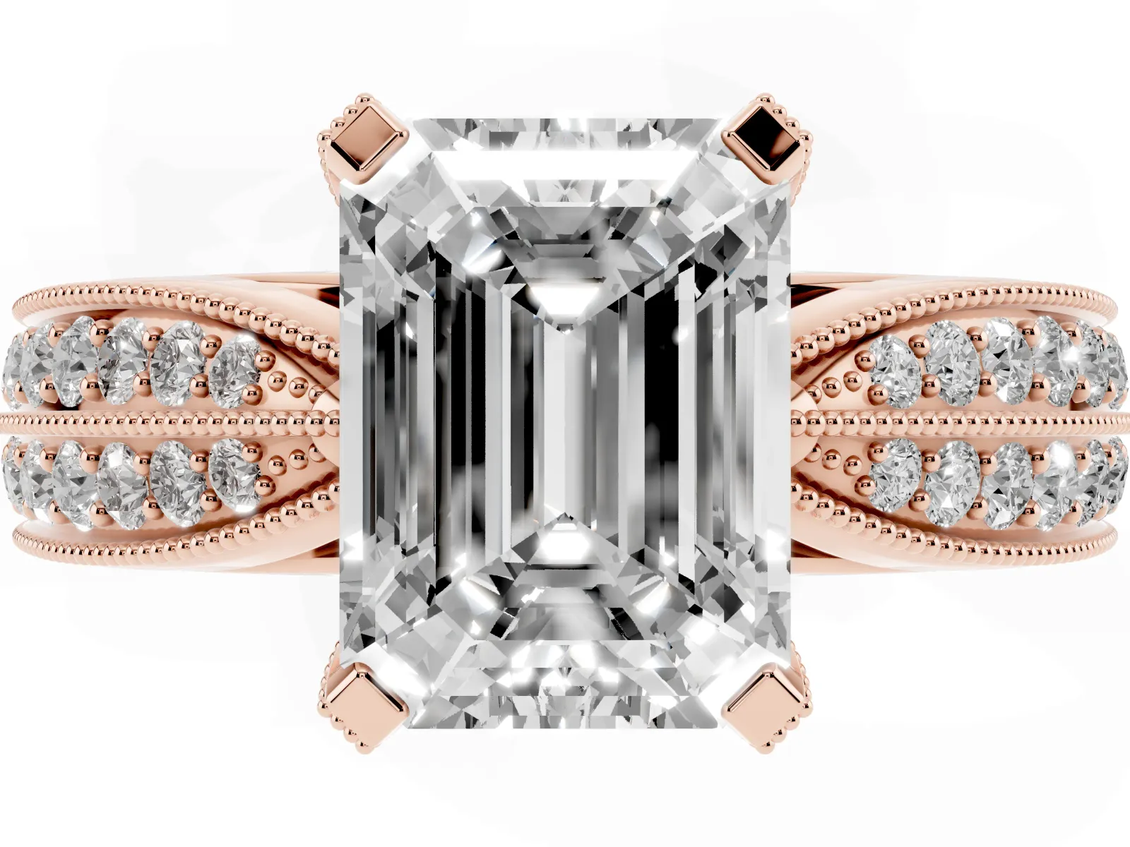 Emerald Cut Diamond Solitaire Ring with Milgrain Round Pavé Band and Prong Setting Rose gold