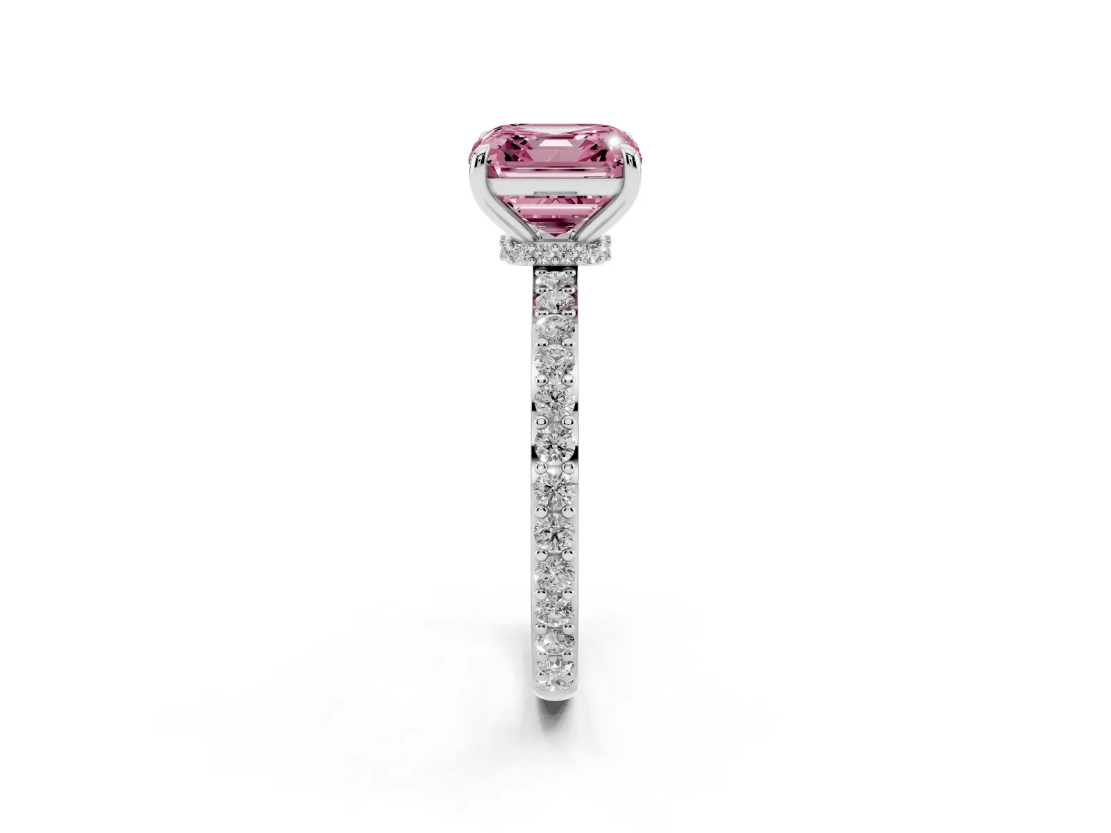 Fancy Pink Asscher Cut Diamond Solitaire Engagement Ring with Pavé Band and Four-Prong Setting White gold