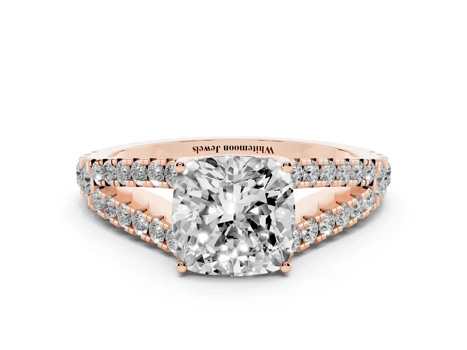 Cushion Cut Diamond Split Shank Engagement Ring with Round Pavé and Prong Setting Rose gold